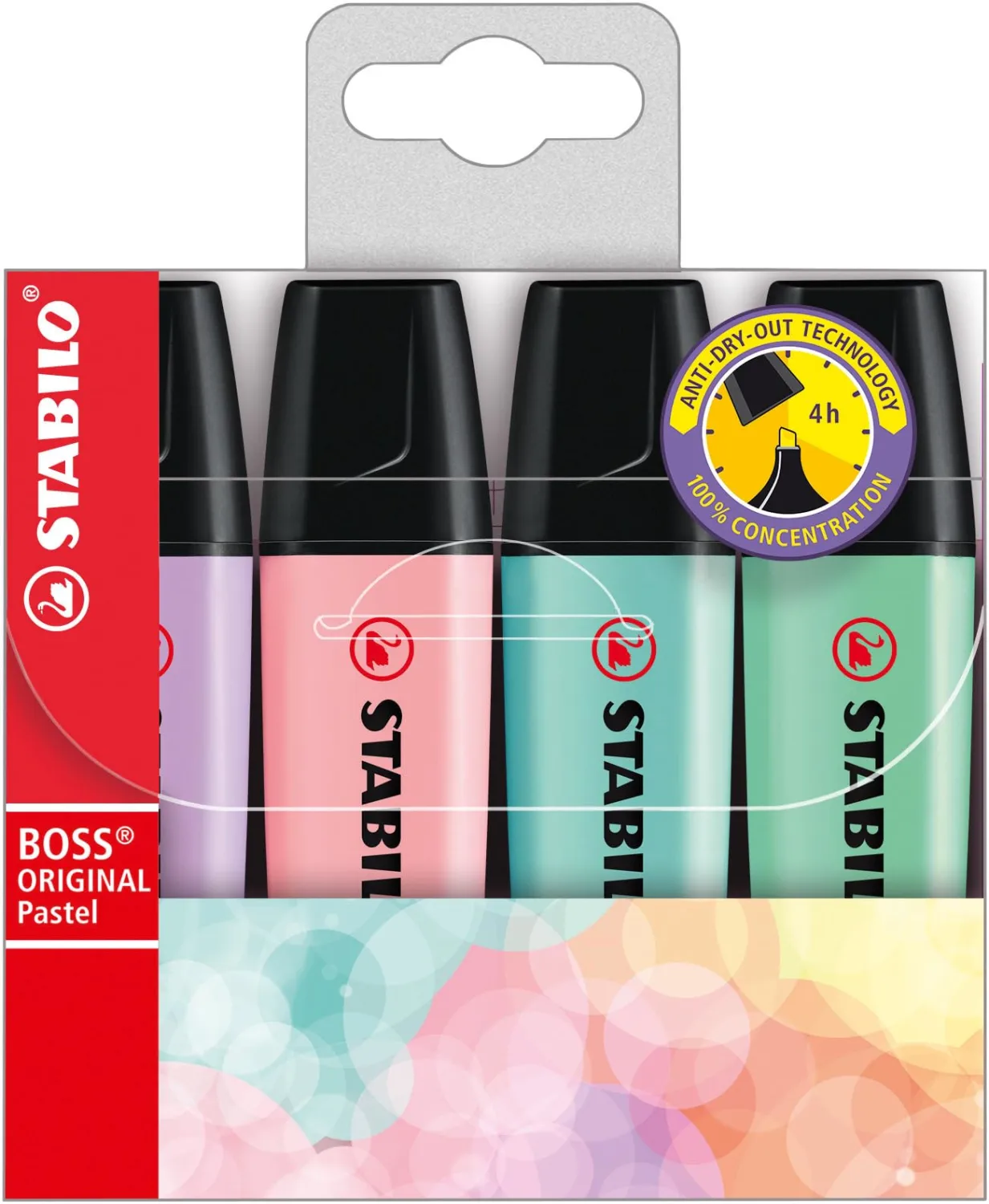 STABILO - BOSS ORIGINAL Pastel - Highlighter - Pack of 4 - Hint of Mint, Pink Blush, Lilac Haze, Touch of Turquoise