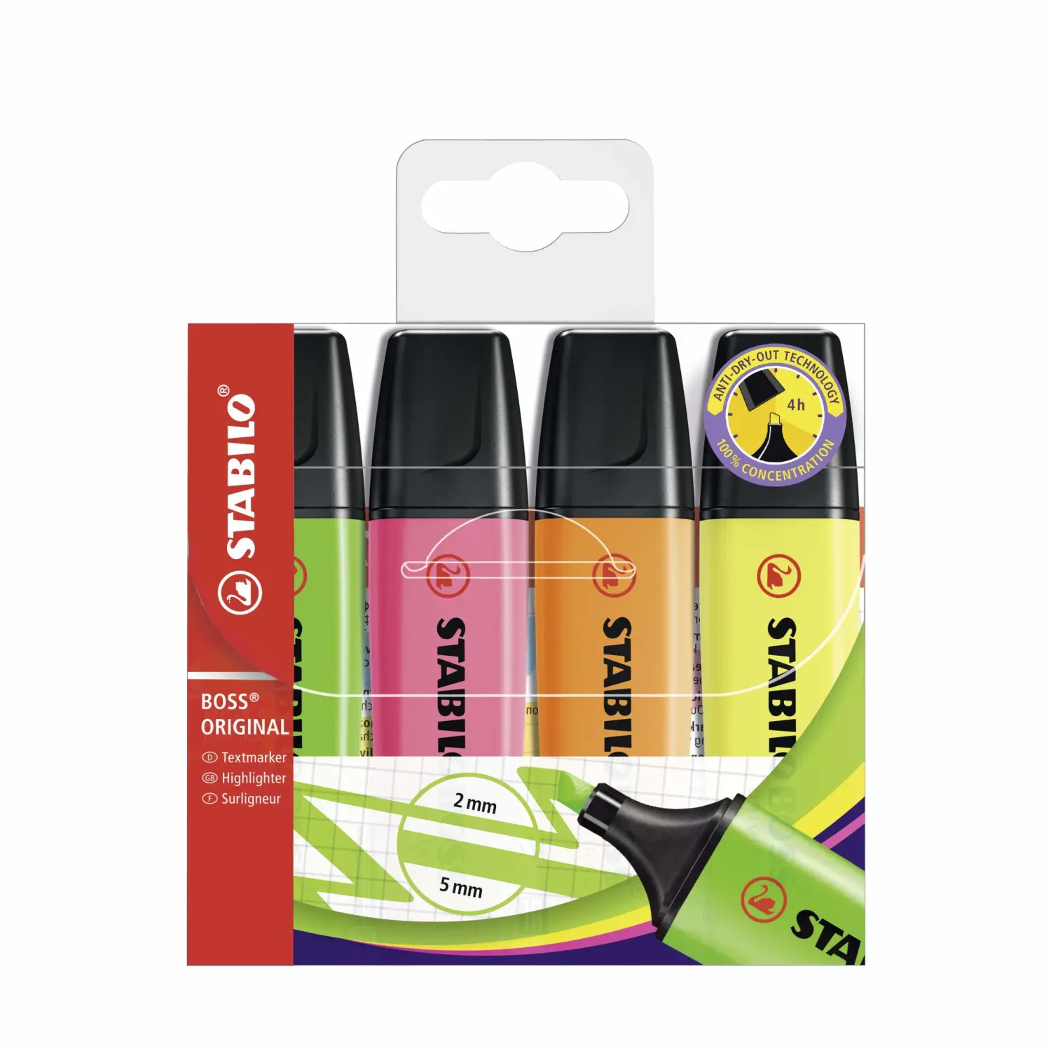 STABILO - BOSS ORIGINAL - Highlighter - Pack of 4 - Yellow, Orange, Green, Pink