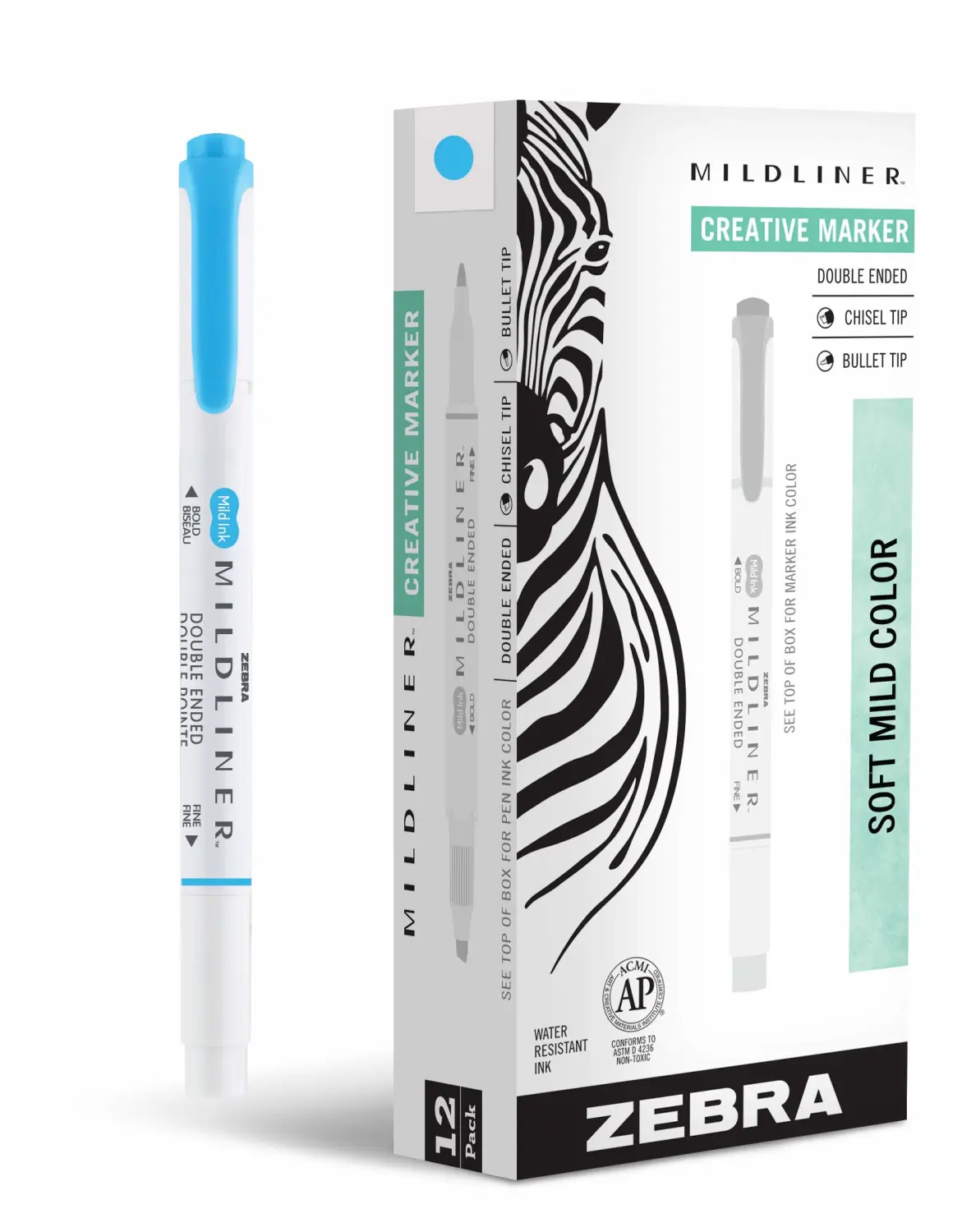 Zebra Pen Mildliner Dual-Tip Highlighters, Broad and Fine Tips, Ideal for Bible Highlighting, No Bleed, School Supplies, Teacher Supplies, and Office Supplies, Mild Cyan Ink, 12-Pack (78560upc)