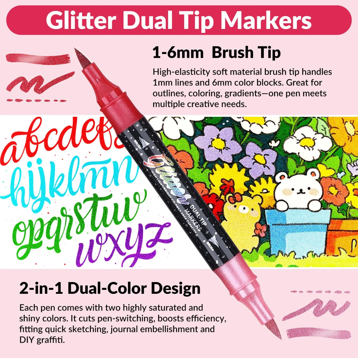 KEMYR Glitter Effect Brush Markers Pens,48 Colors Dual Tip Glitter Pens Set 24 Pack Metallic Sparkle Markers for Cards, DIY Crafts, Doodle, Writing, Adults Coloring Books, Art Supplies Scrapbooking
