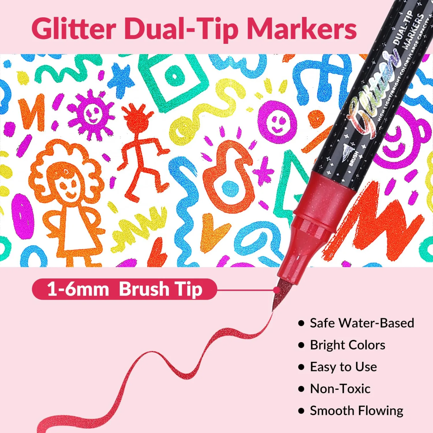 KEMYR Glitter Effect Brush Markers Pens,48 Colors Dual Tip Glitter Pens Set 24 Pack Metallic Sparkle Markers for Cards, DIY Crafts, Doodle, Writing, Adults Coloring Books, Art Supplies Scrapbooking