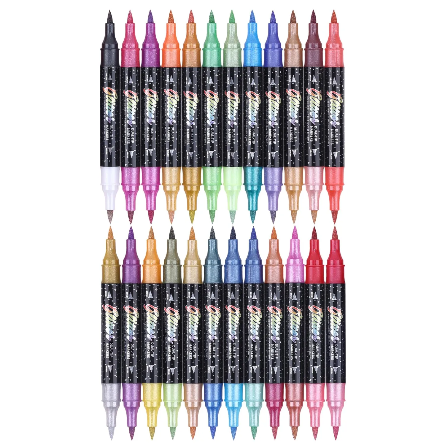 KEMYR Glitter Effect Brush Markers Pens,48 Colors Dual Tip Glitter Pens Set 24 Pack Metallic Sparkle Markers for Cards, DIY Crafts, Doodle, Writing, Adults Coloring Books, Art Supplies Scrapbooking