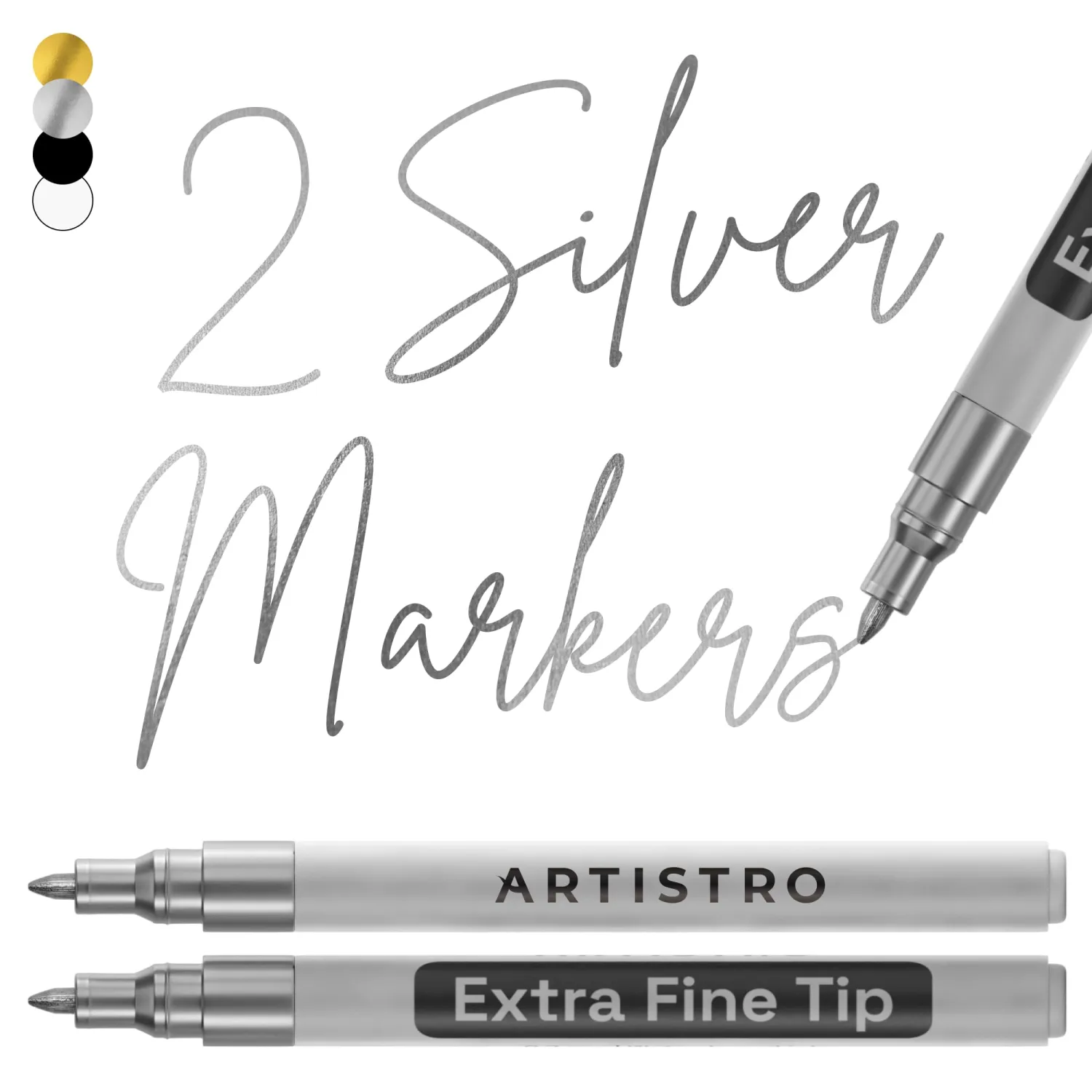 ARTISTRO 2 Silver Acrylic Paint Markers - 0.7mm Extra Fine-Tip Metallic Paint Pens - Perfect for Crafting, Art Projects, & More