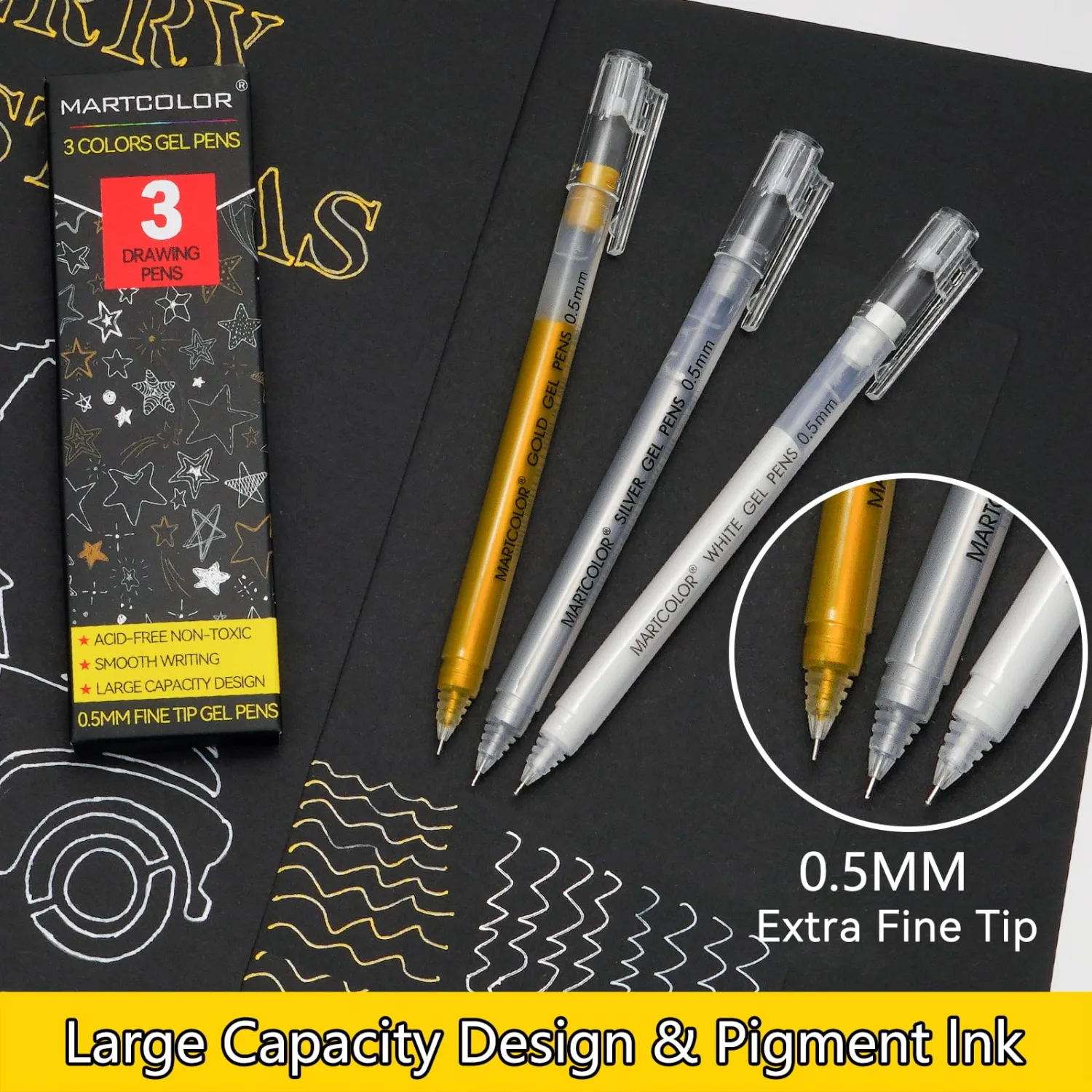 MARTCOLOR Gold Silver White Gel Pens, 0.5mm Extra Fine Point Opaque Archival Ink Pen for Black Paper Drawing, Art Highlight, Illustration, Bullet Journaling, Card Making & DIY Projects, 3 Pack