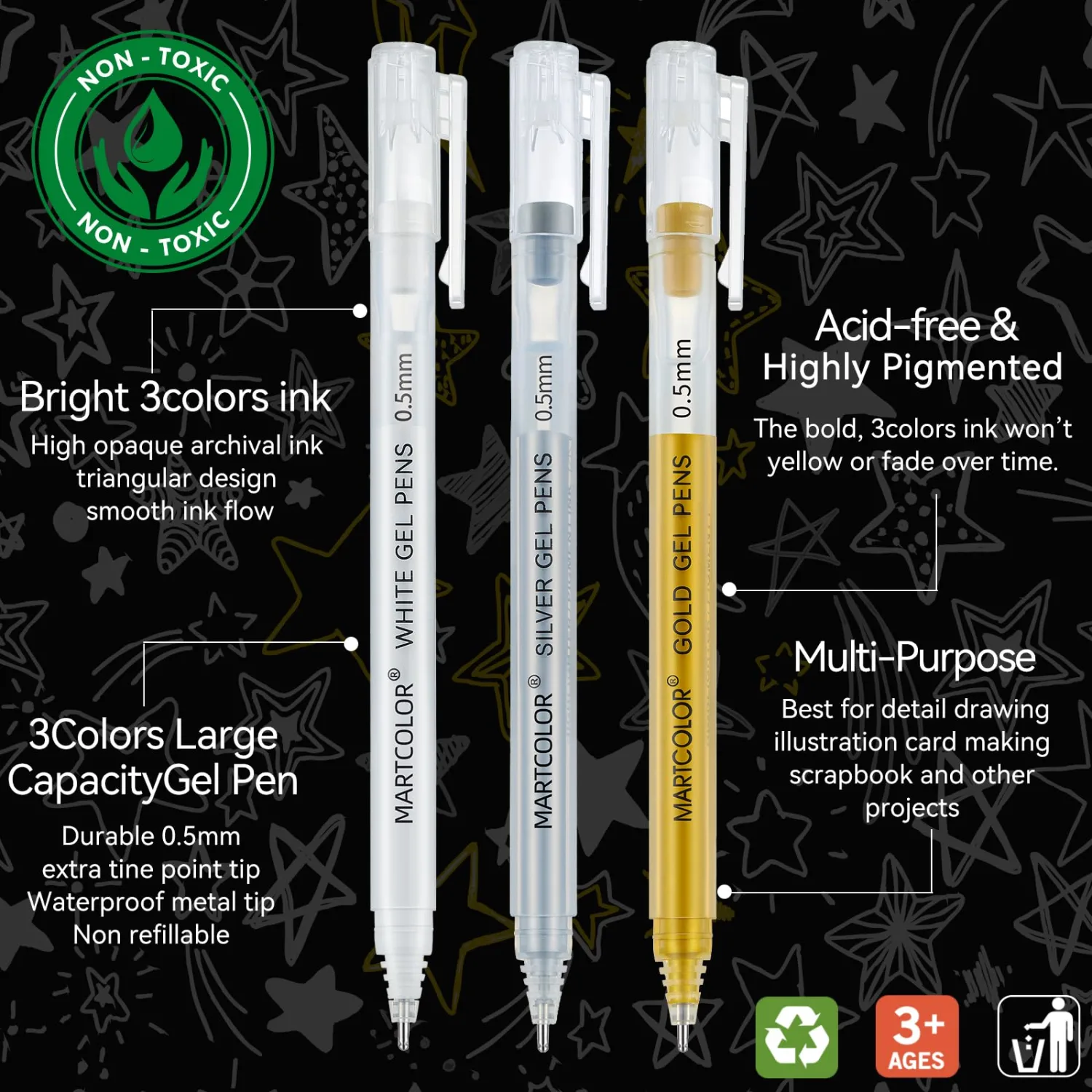 MARTCOLOR Gold Silver White Gel Pens, 0.5mm Extra Fine Point Opaque Archival Ink Pen for Black Paper Drawing, Art Highlight, Illustration, Bullet Journaling, Card Making & DIY Projects, 3 Pack