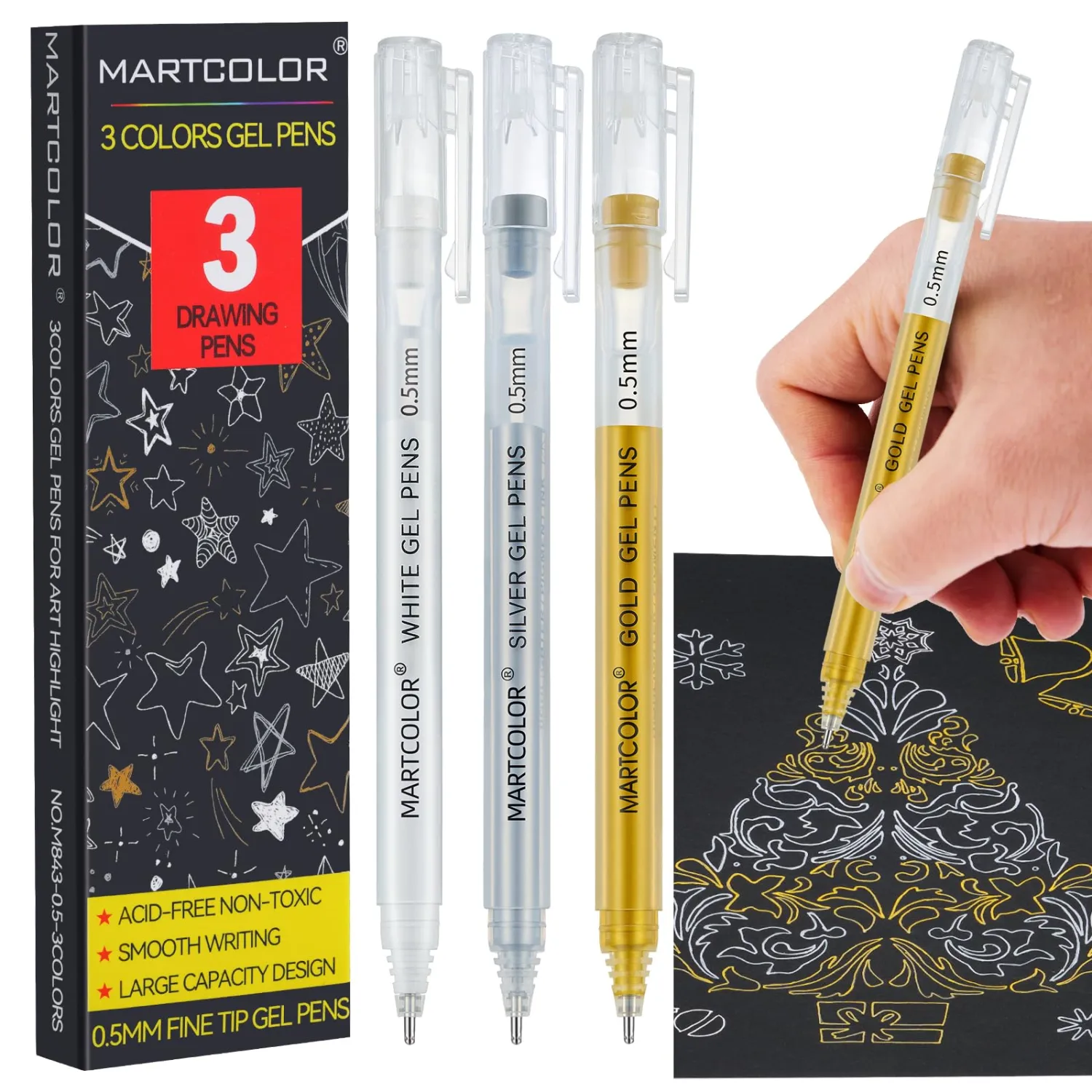 MARTCOLOR Gold Silver White Gel Pens, 0.5mm Extra Fine Point Opaque Archival Ink Pen for Black Paper Drawing, Art Highlight, Illustration, Bullet Journaling, Card Making & DIY Projects, 3 Pack