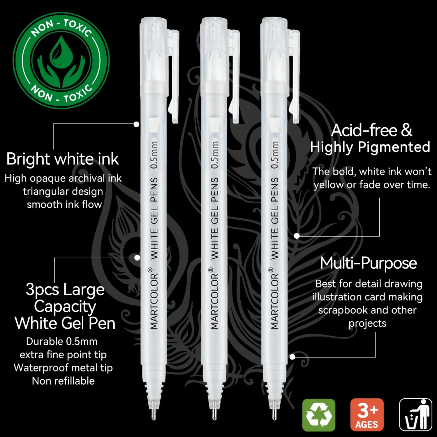 MARTCOLOR White Gel Pens, 0.5mm Extra Fine Point Opaque Archival Ink Pen for Black Paper Drawing, Art Highlight, Illustration, Bullet Journaling, Card Making & DIY Projects, 3 Pack