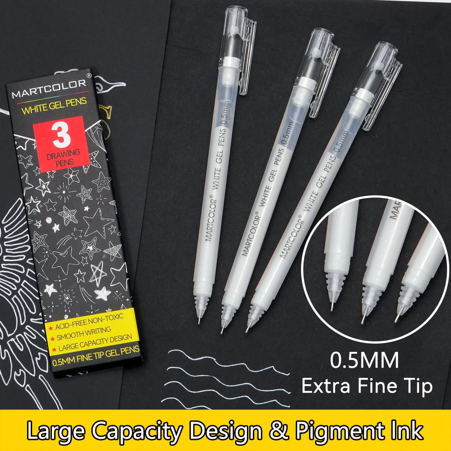 MARTCOLOR White Gel Pens, 0.5mm Extra Fine Point Opaque Archival Ink Pen for Black Paper Drawing, Art Highlight, Illustration, Bullet Journaling, Card Making & DIY Projects, 3 Pack