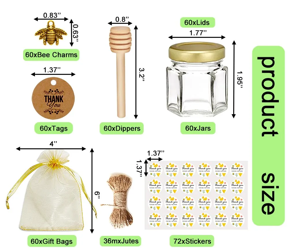 Adabocute 60 Pack Mini Honey Jars with Dipper - Honey Pot with Gold Lid, Bee Pendants, Jutes, Gift Bags and Stickers - For Baby Shower Wedding Favors