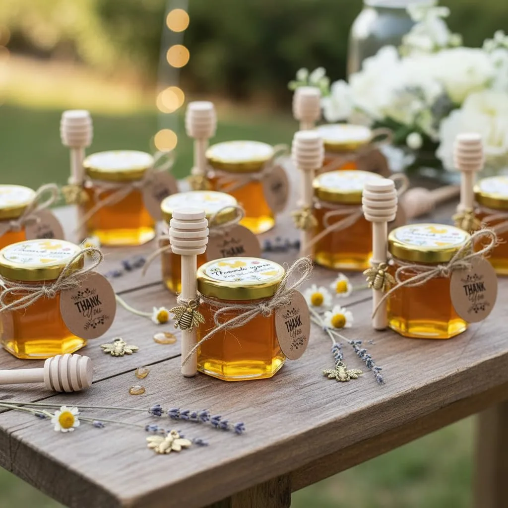 Adabocute 60 Pack Mini Honey Jars with Dipper - Honey Pot with Gold Lid, Bee Pendants, Jutes, Gift Bags and Stickers - For Baby Shower Wedding Favors
