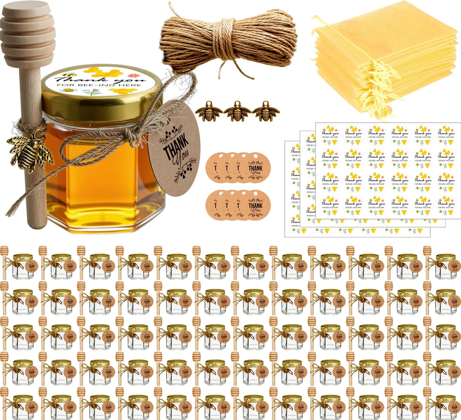 Adabocute 60 Pack Mini Honey Jars with Dipper - Honey Pot with Gold Lid, Bee Pendants, Jutes, Gift Bags and Stickers - For Baby Shower Wedding Favors