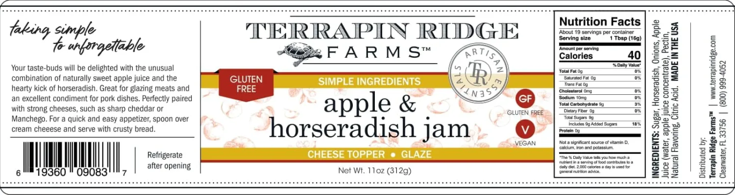 Terrapin Ridge Farms Apple Horseradish Jam – Sweet & Spicy Jam for Meats, Cheese, and More – Gluten Free, Vegan – 11 oz jar