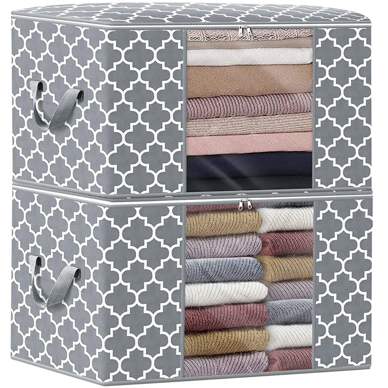 WISELIFE Storage Bags 100L 2-Pack Large Blanket Clothes Organization and Storage Containers for Bedding, Comforters, Foldable Organizer with Reinforced Handle, Clear Window, Sturdy Zippers, Light Grey