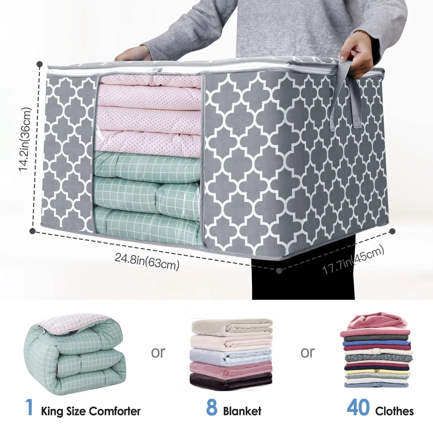 WISELIFE Storage Bags 100L 2-Pack Large Blanket Clothes Organization and Storage Containers for Bedding, Comforters, Foldable Organizer with Reinforced Handle, Clear Window, Sturdy Zippers, Light Grey