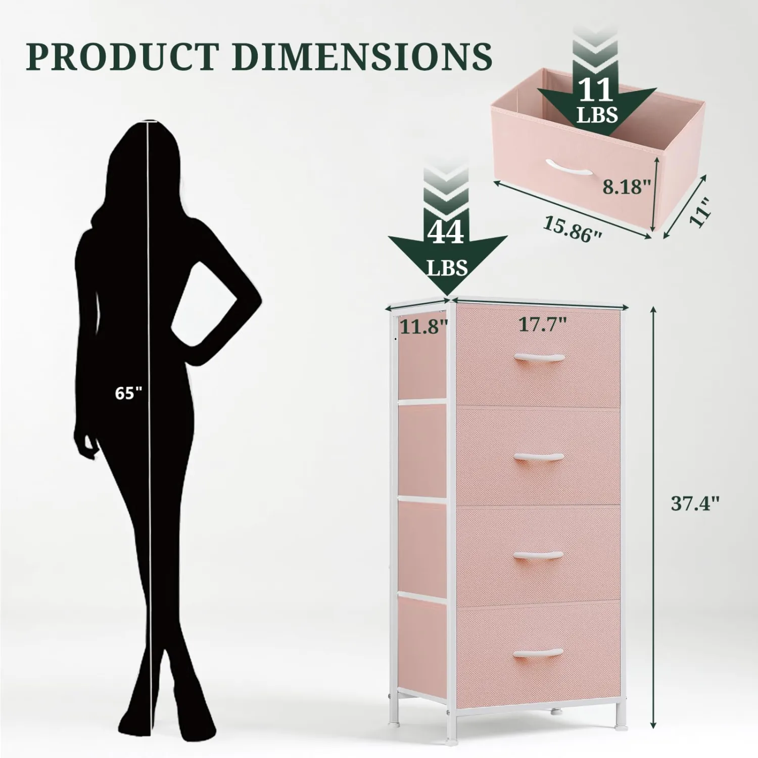 4 Drawers Dresser for Bedroom, Fabric Storage Tower Organizer with Wooden Top and Steel Frame, Tall Chest of Drawers for Closet, Entryway, Dorm, Pink