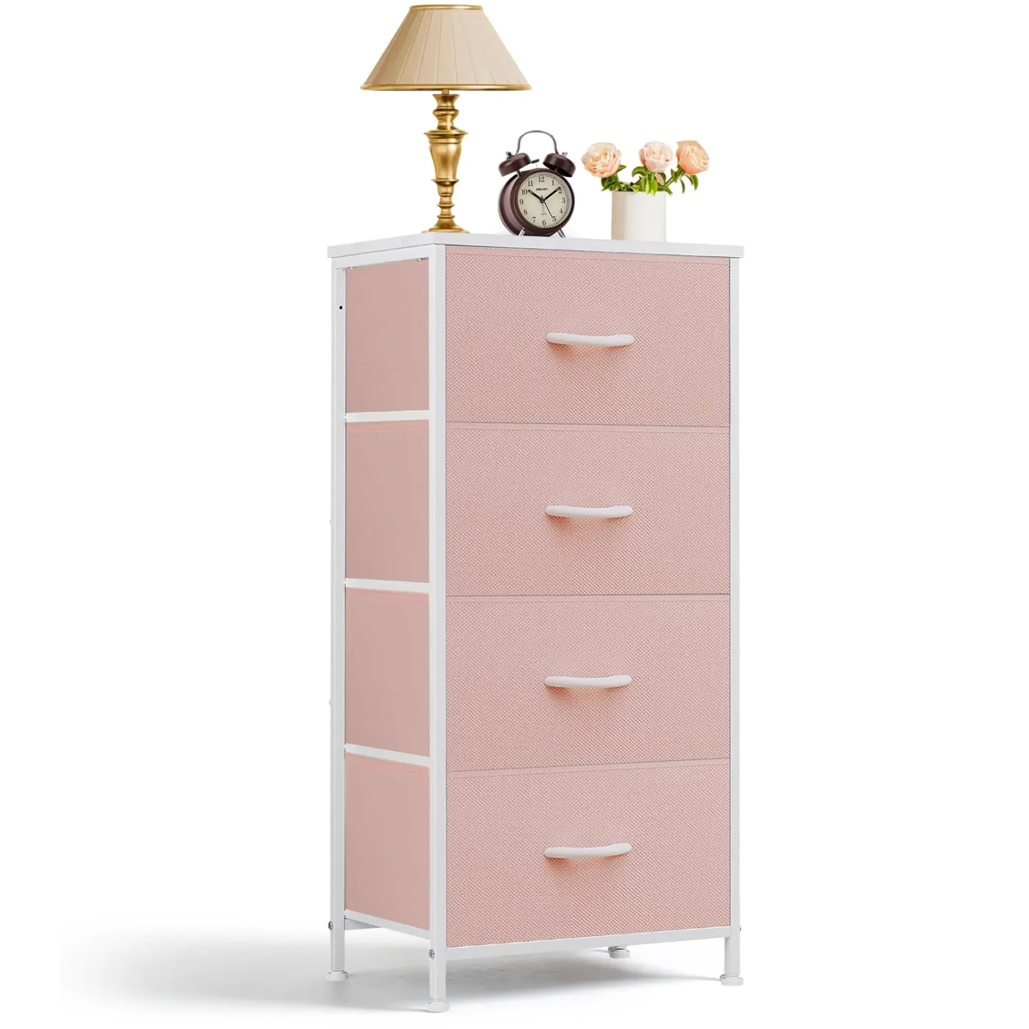 4 Drawers Dresser for Bedroom, Fabric Storage Tower Organizer with Wooden Top and Steel Frame, Tall Chest of Drawers for Closet, Entryway, Dorm, Pink