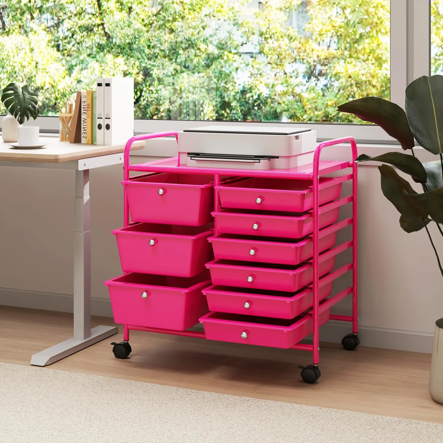 LDAILY 9 Drawer Rolling Storage Cart, Rolling Cart with Drawers for Classroom, Art Supply Craft Organizer on Wheel with Metal Frame & Handles for Home Office School