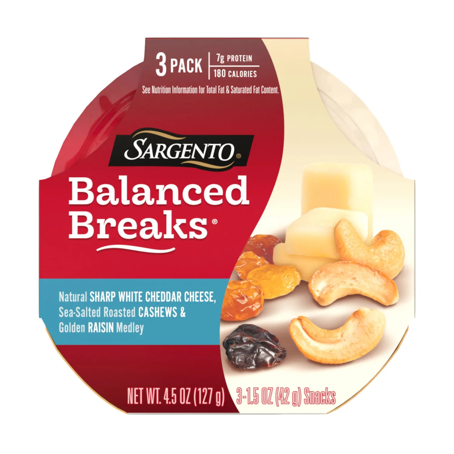 Sargento Balanced Breaks Sharp White Cheddar Natural Cheese, Sea-Salted Roasted Cashews and Golden Raisin Medley Snack Kit, 3-Pack