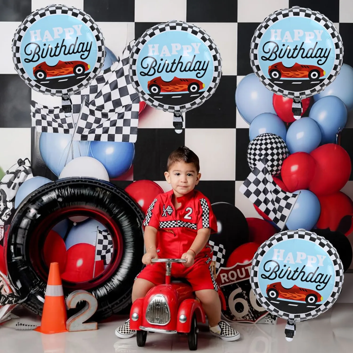 18 Inch Race Car Happy Birthday Balloons, 4pcs Black and White Checkered Racecar Foil Round Balloon, Two Fast One Birthday Decor for Kids Boys Racing Car Driver Monster Truck Theme Party Decorations