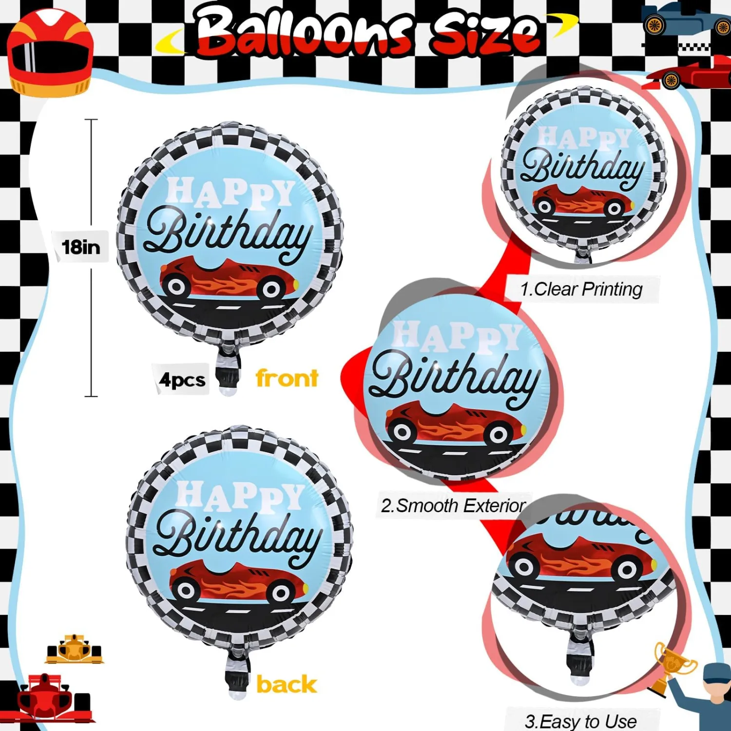 18 Inch Race Car Happy Birthday Balloons, 4pcs Black and White Checkered Racecar Foil Round Balloon, Two Fast One Birthday Decor for Kids Boys Racing Car Driver Monster Truck Theme Party Decorations