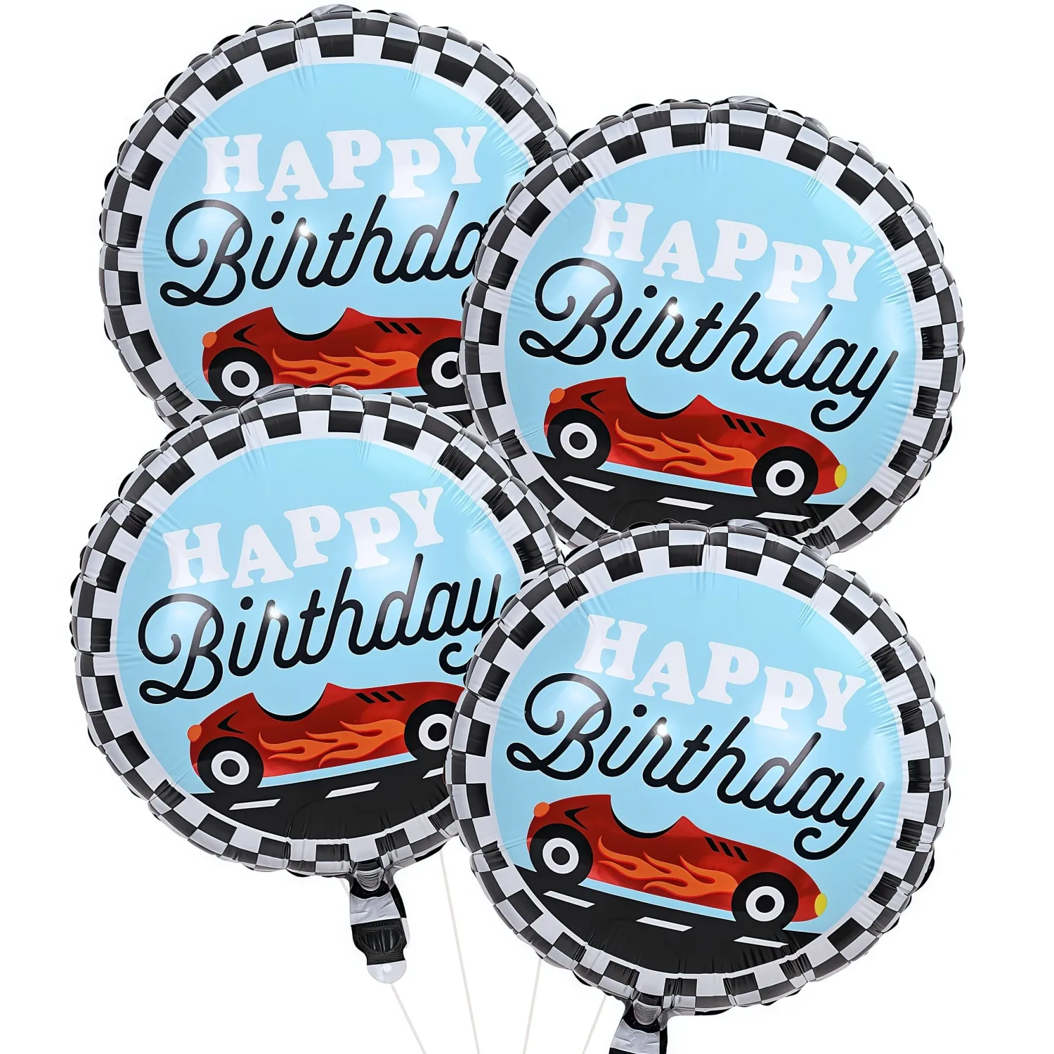 18 Inch Race Car Happy Birthday Balloons, 4pcs Black and White Checkered Racecar Foil Round Balloon, Two Fast One Birthday Decor for Kids Boys Racing Car Driver Monster Truck Theme Party Decorations