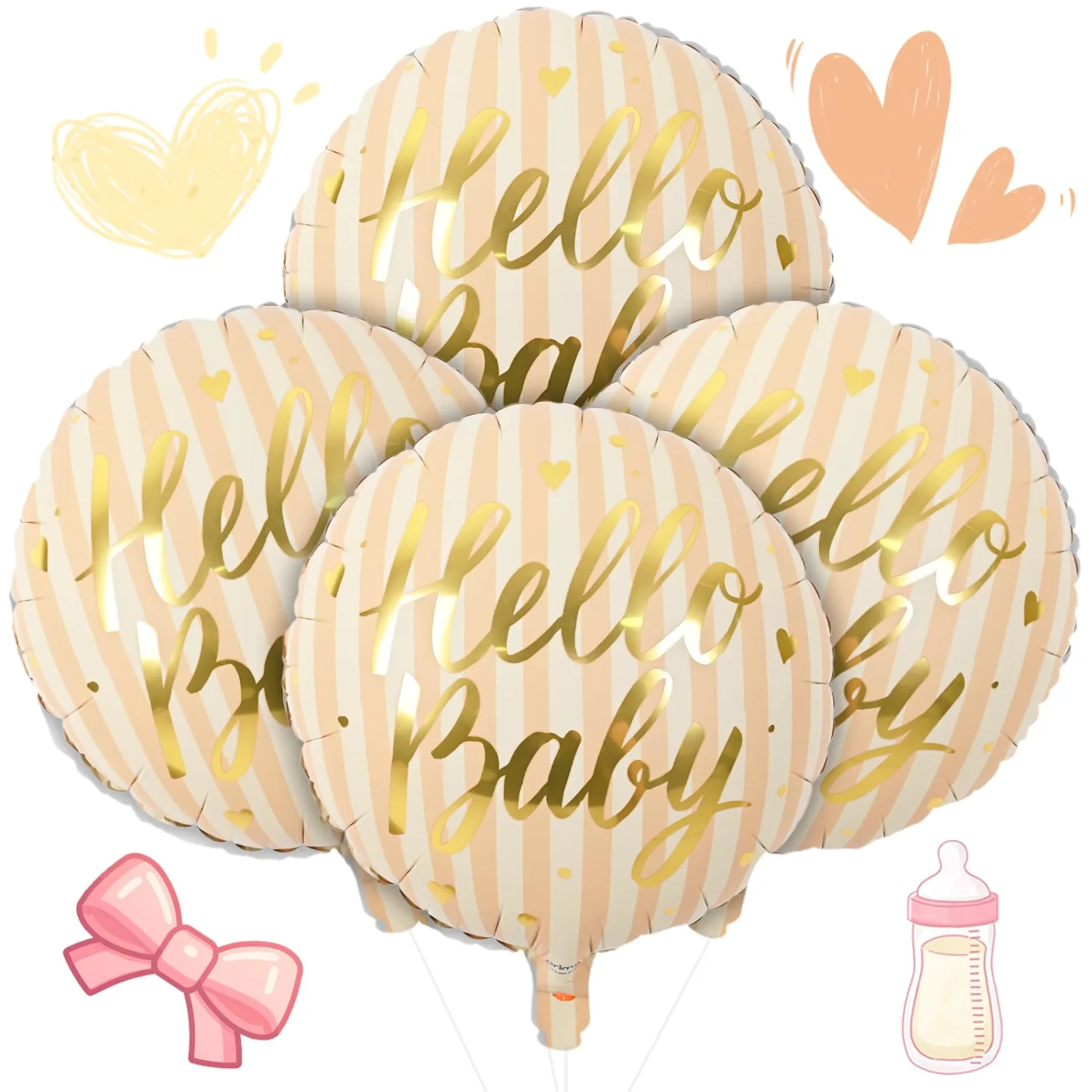 18" Hello Baby Foil Balloons for Welcome Baby Party Decorations, 4pcs Light Pastel Orange Cream Mylar Balloons, Peach Beige Gold Balloon for Gender Neutral Baby Shower Sip and See Party Decor Supplies