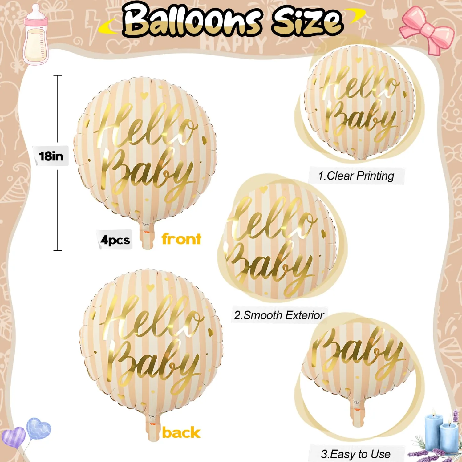 18" Hello Baby Foil Balloons for Welcome Baby Party Decorations, 4pcs Light Pastel Orange Cream Mylar Balloons, Peach Beige Gold Balloon for Gender Neutral Baby Shower Sip and See Party Decor Supplies