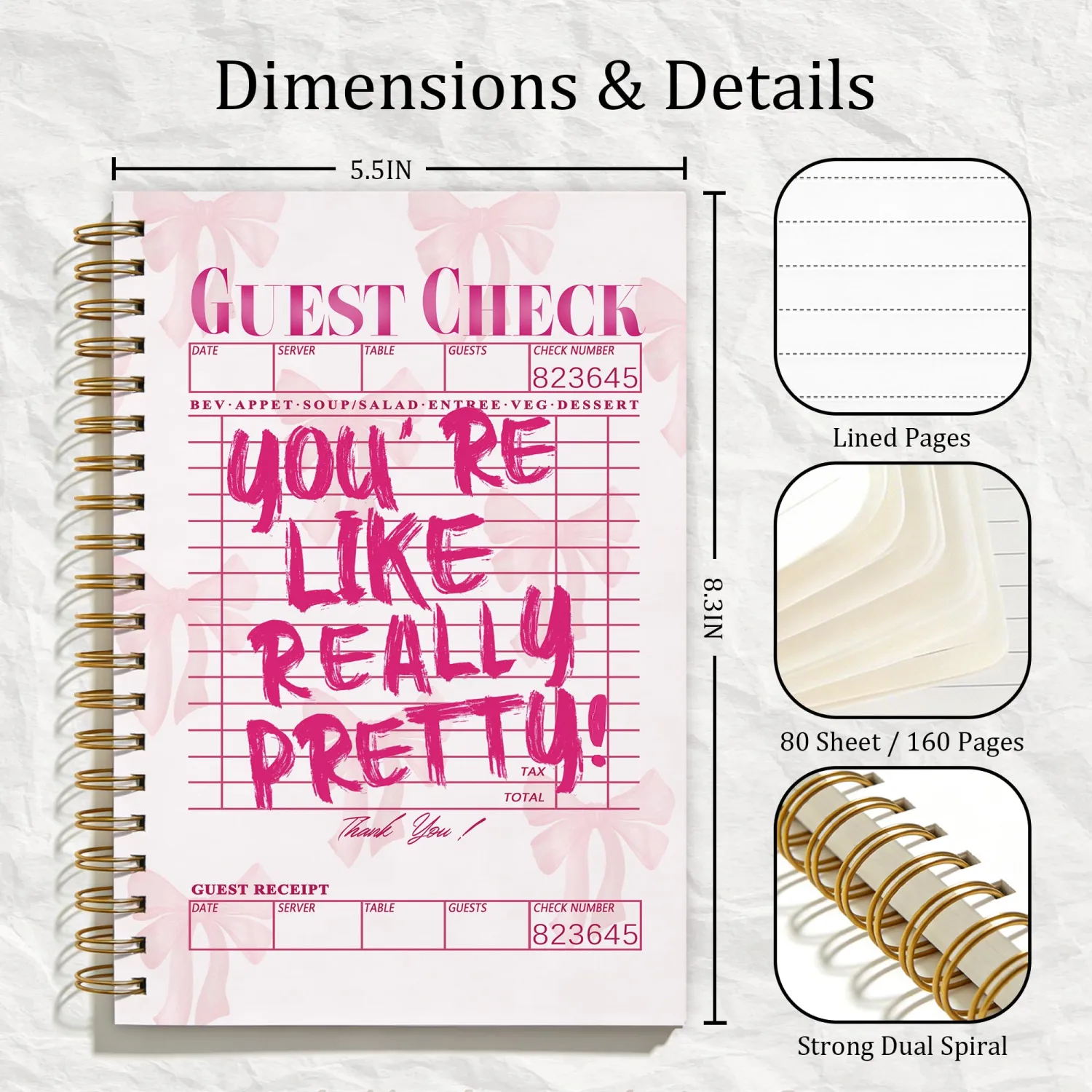Coquette Preppy Pink Bow Spiral Notebook, Trendy Preppy Bow Notebooks for Note Taking, Girly Office Supplies, Pink Trendy Fashion Guest Check Decor Journal, Coworker Gift, 5.5x8.3 Inch