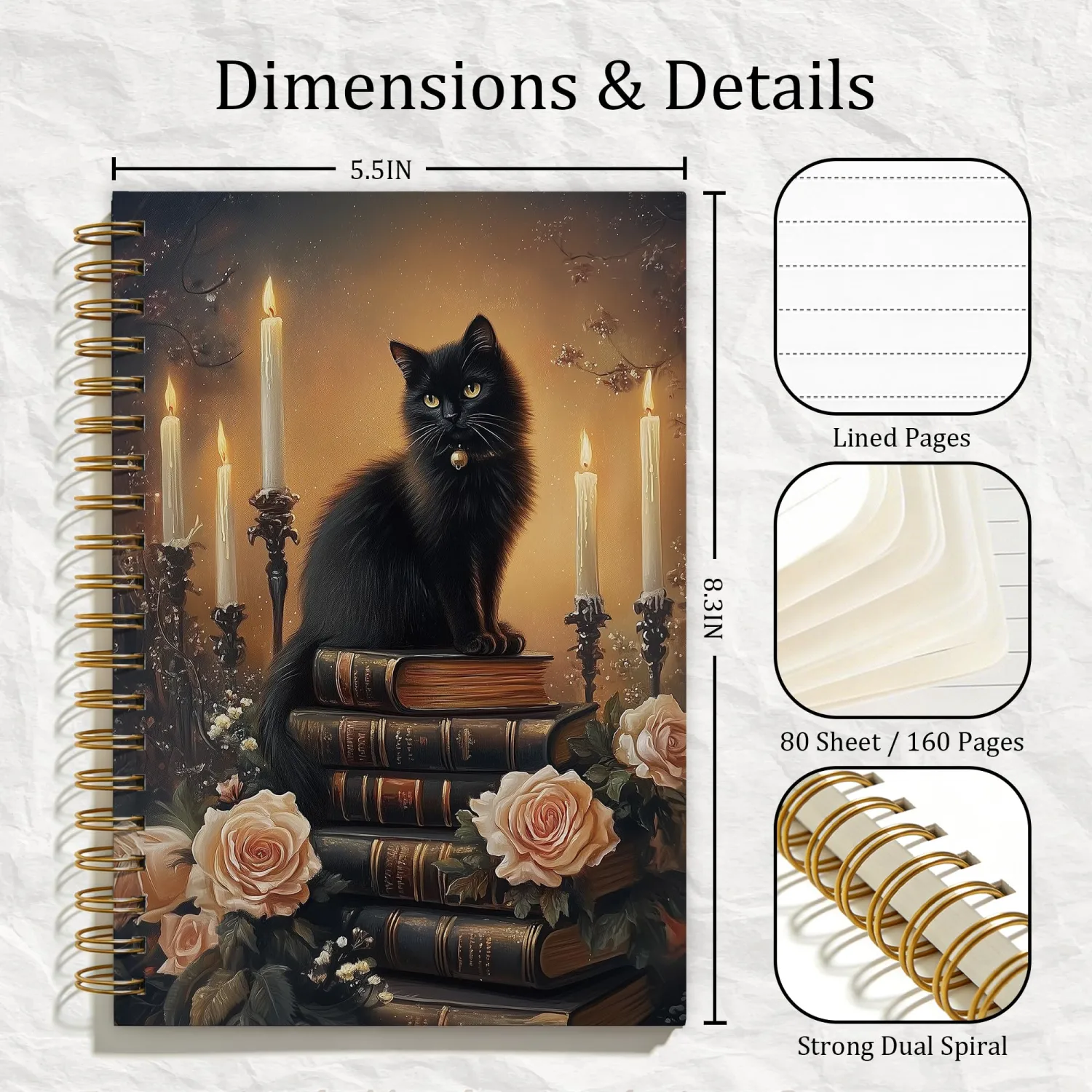 Vintage Witchy Gothic Black Cat Spiral Notebook, Dark Academia Moody Cat Notebooks for Note Taking, Cats Lover Mom Gifts, Mystical Floral Book Kitty Journal, 5.5x8.3 Inch