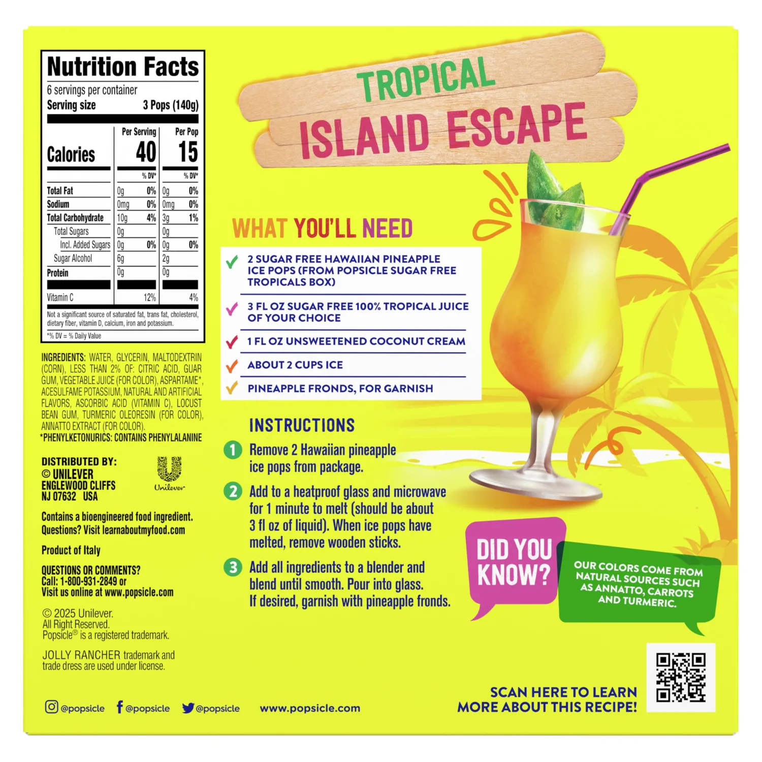 Popsicle Ice Pops 18 Count Tropicals For a Sugar Free Frozen Dessert Frozen Ice Pops With only 15 Calories 29.7 oz