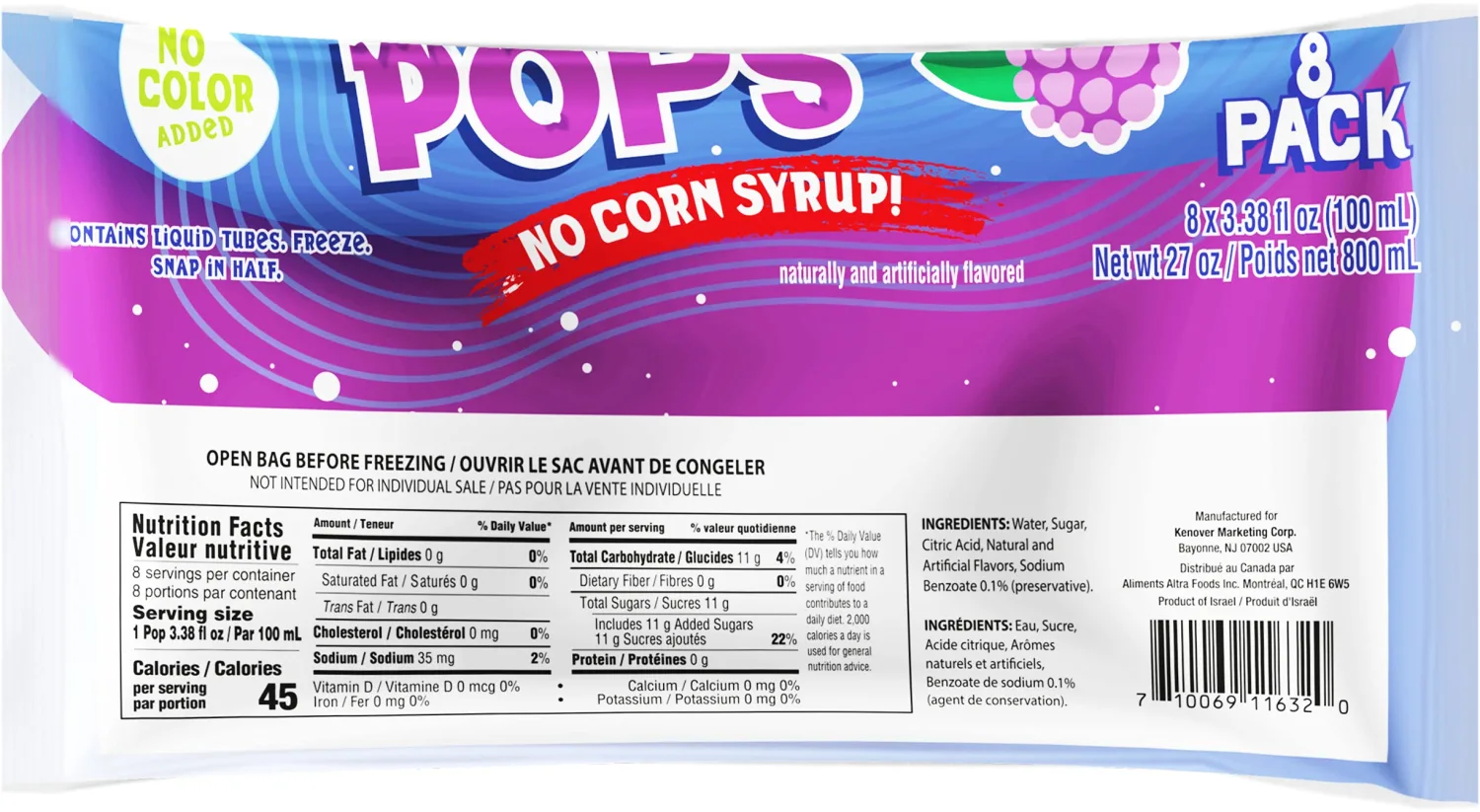 Gefen Clear Raspberry Ice Pops (2-8 Packs for 16 Pops Total) Fun Break-in-Half Ice Pops, No Corn Syrup, Zero Fat, Perfect for Summer
