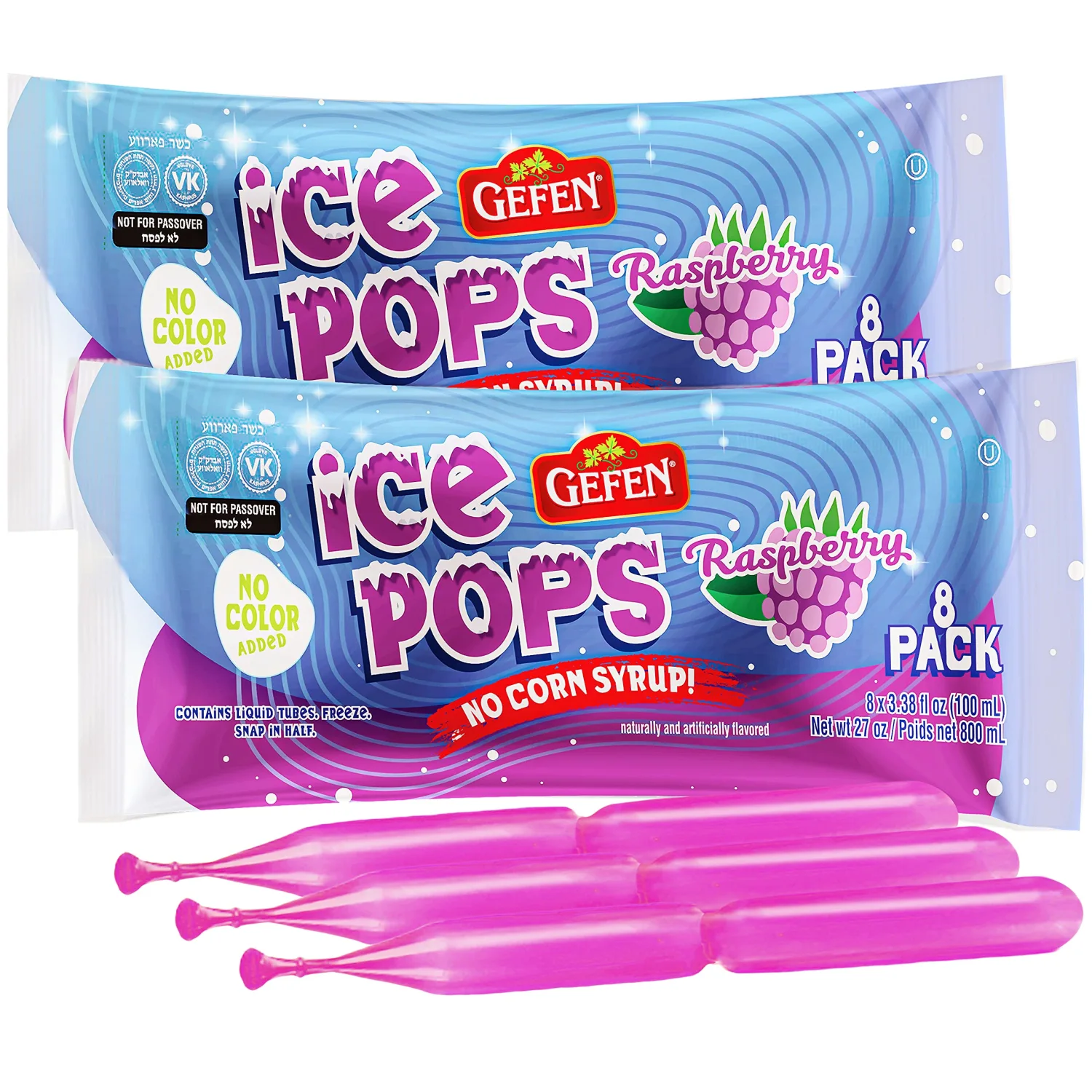 Gefen Clear Raspberry Ice Pops (2-8 Packs for 16 Pops Total) Fun Break-in-Half Ice Pops, No Corn Syrup, Zero Fat, Perfect for Summer
