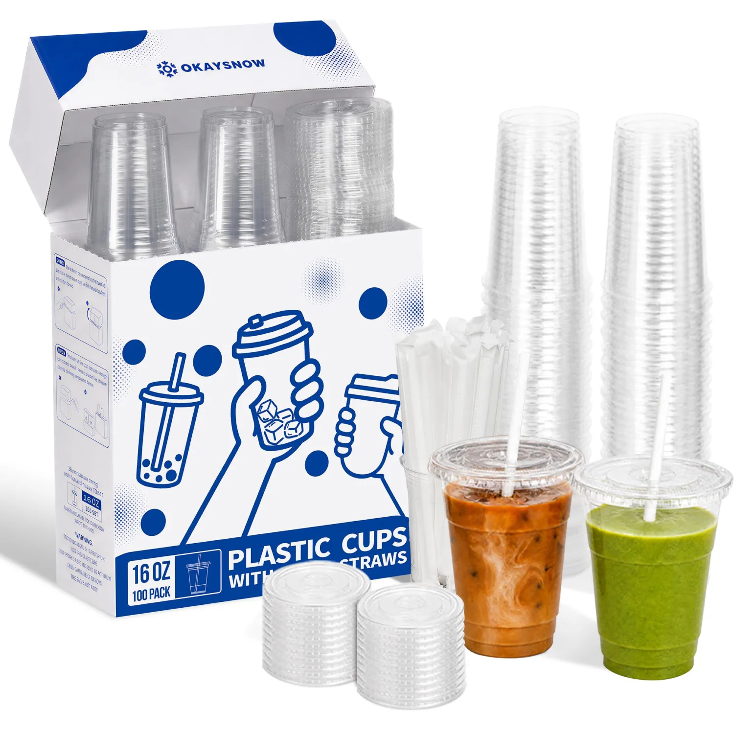 100 Pack 16 oz Clear Plastic Cups with Lids and Straws, Organized Dispenser Box, Heavy Duty Disposable Iced Coffee Cups, Crystal Clear Smoothie To Go Cups, PET, BPA Free
