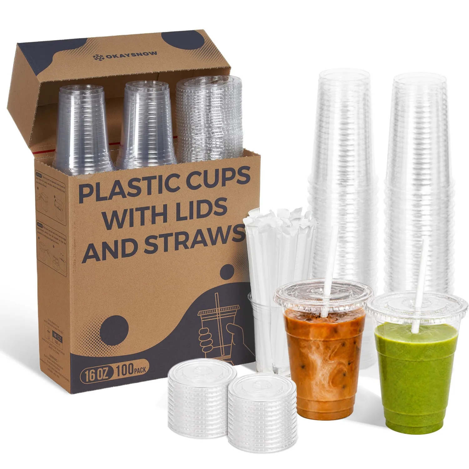 100 Pack 16 oz Clear Plastic Cups with Lids and Straws, Organized Dispenser Box, Heavy Duty Disposable Iced Coffee Cups, Crystal Clear Smoothie To Go Cups, PET, BPA Free