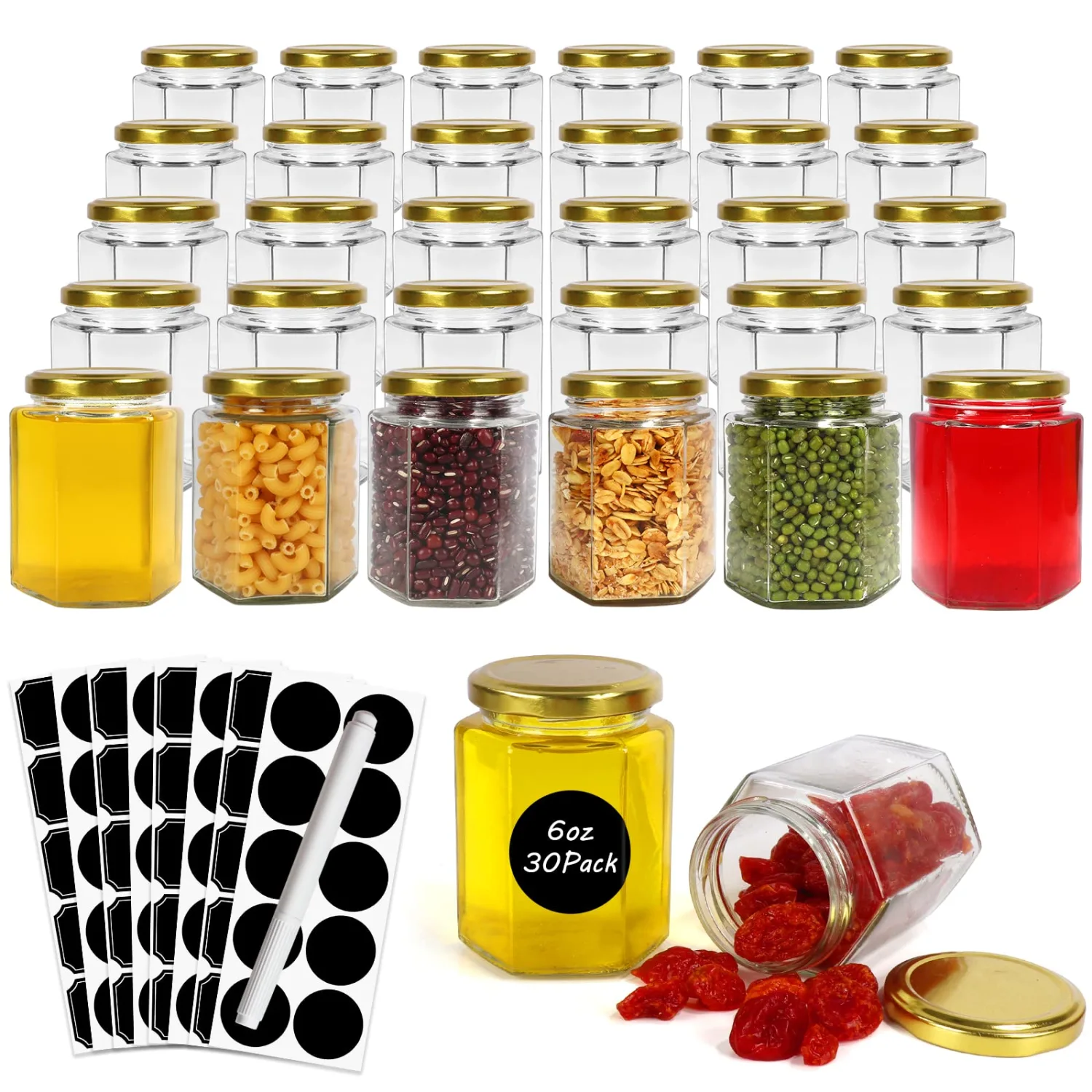 Betrome 30 Pack 6oz Hexagon Glass Jars with Gold Lids, 180ml Clear Glass Canning Jars Honey Jars Spice Jars Mason Jars for Jams, Shower Favors, Wedding Favors, Craft, 1 Pen and Labels Included