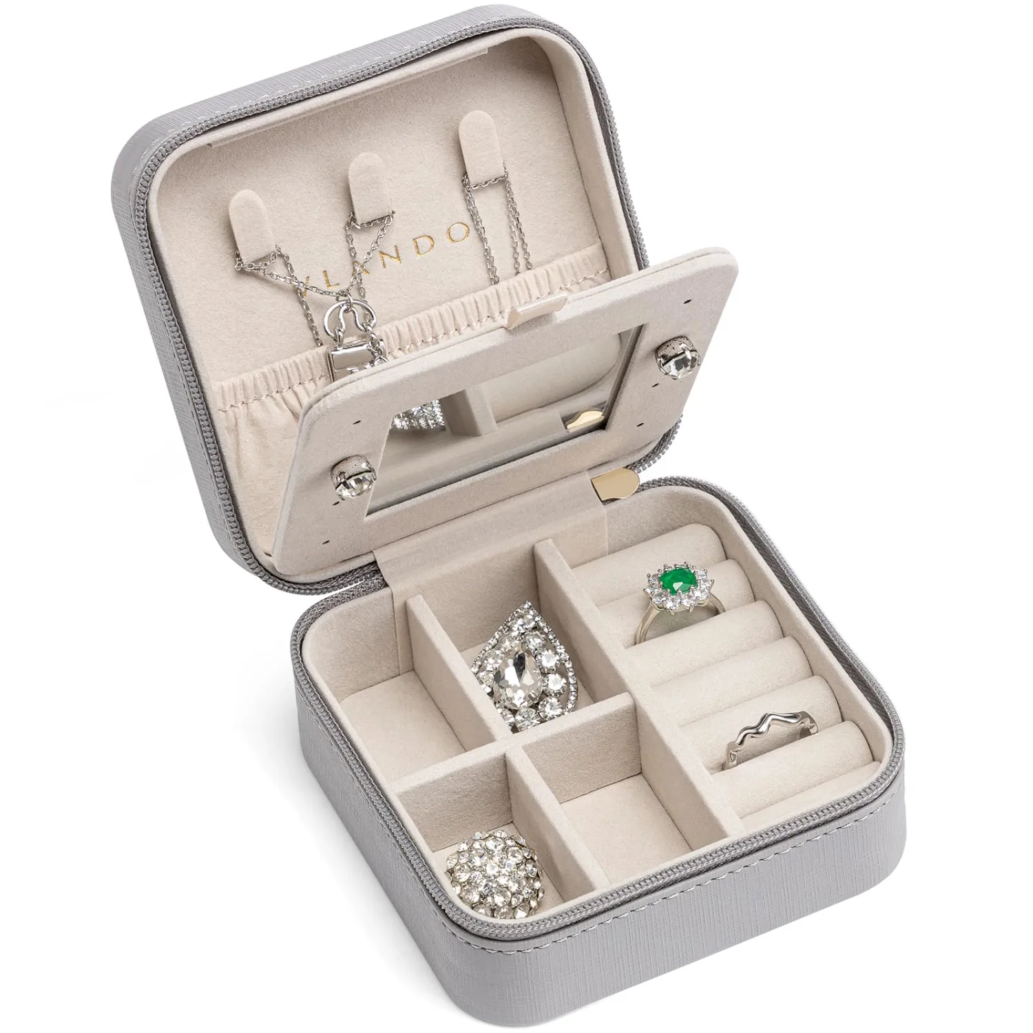 VLANDO Small Travel Jewelry Box Organizer - Display Case for Girls Women Gift Rings Earrings Necklaces Storage with Mirror Grey
