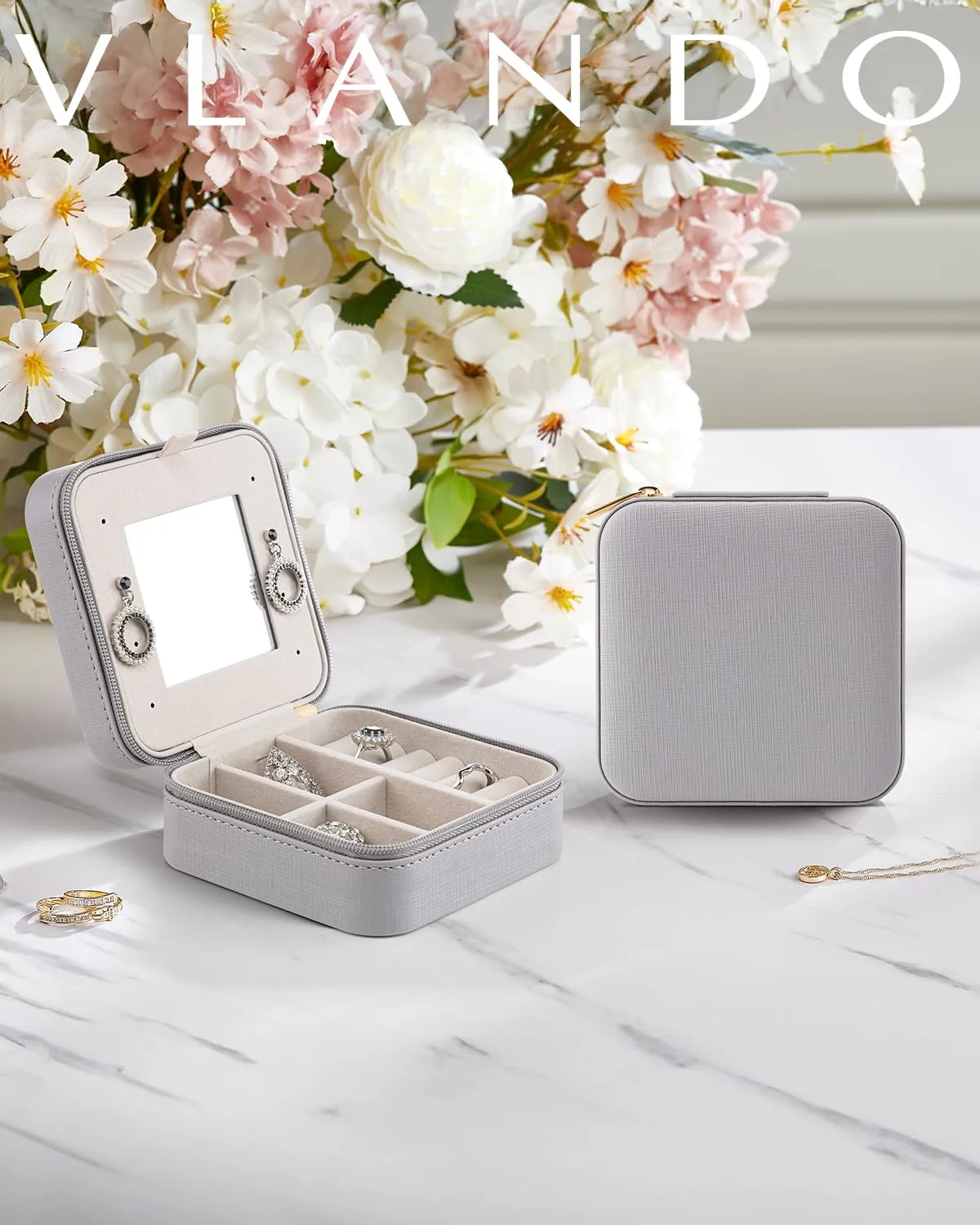 VLANDO Small Travel Jewelry Box Organizer - Display Case for Girls Women Gift Rings Earrings Necklaces Storage with Mirror Grey