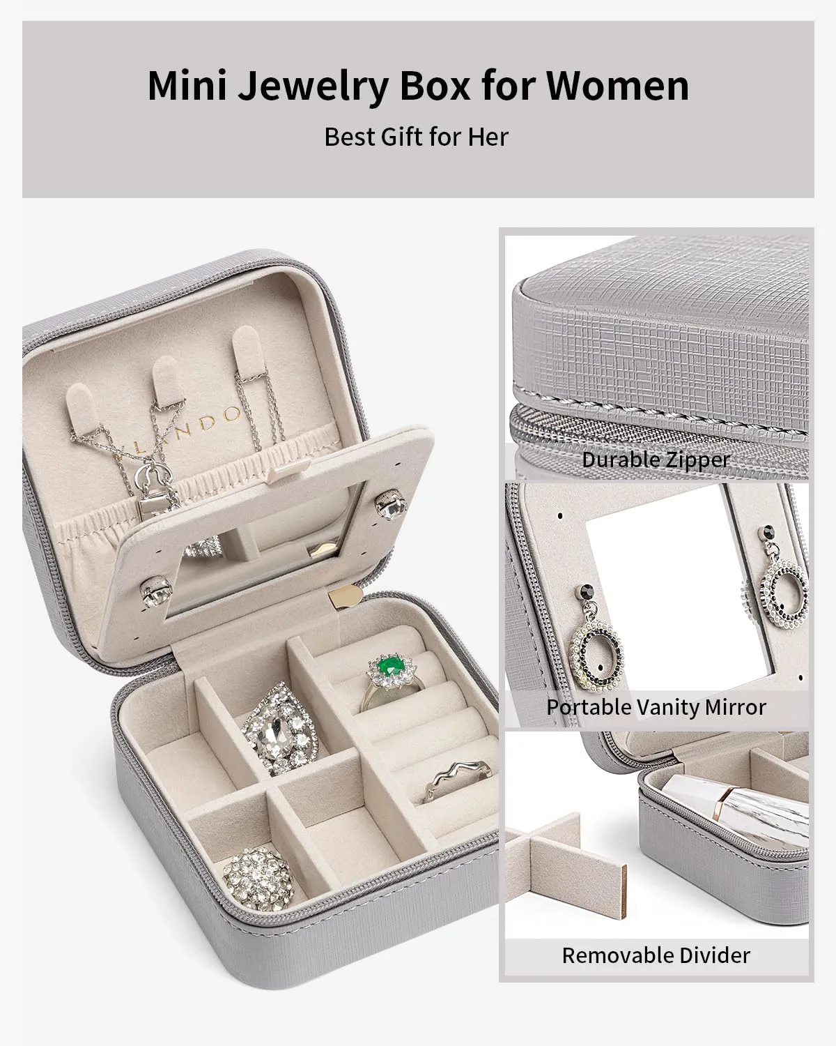 VLANDO Small Travel Jewelry Box Organizer - Display Case for Girls Women Gift Rings Earrings Necklaces Storage with Mirror Grey
