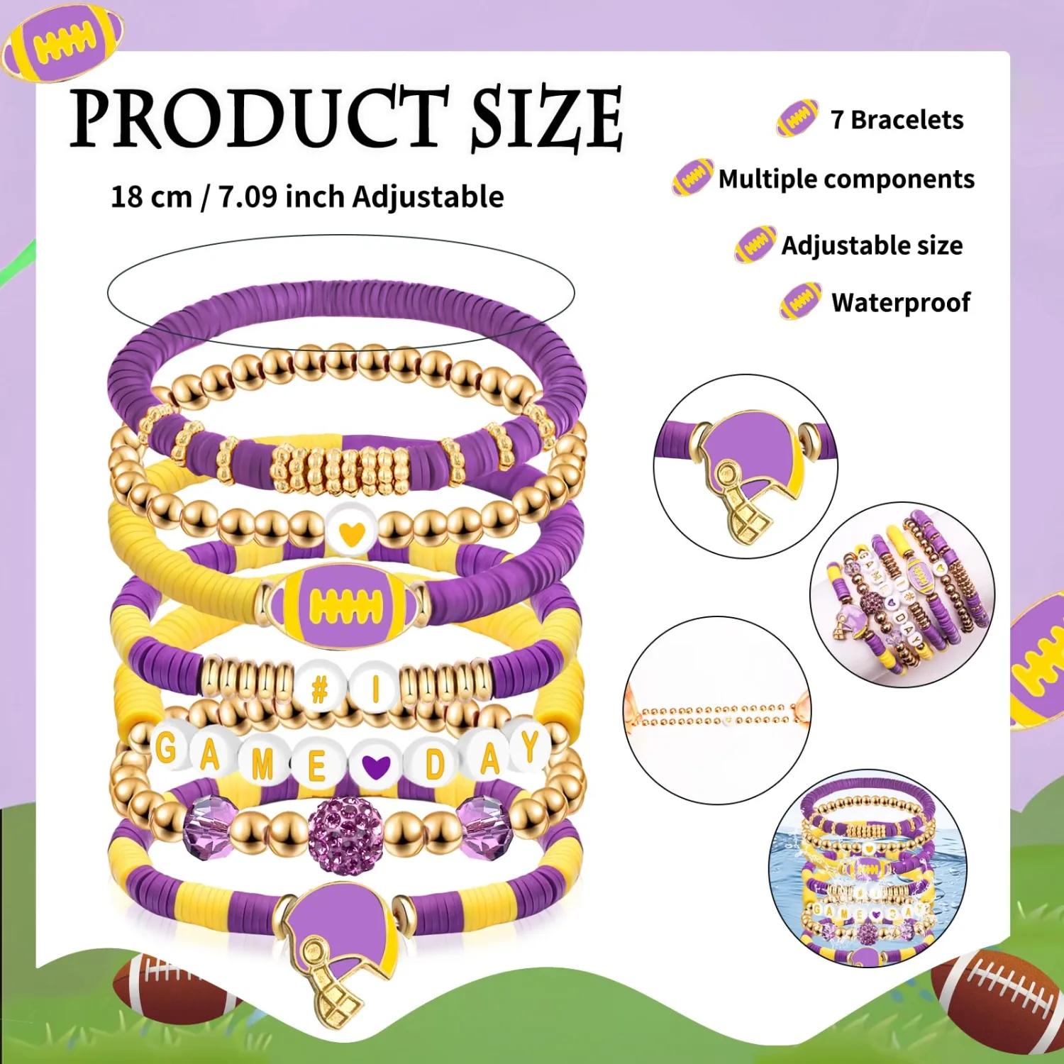 Football Mom Gifts Game Day #1 Bracelet Football Charm Beaded Stretch Bracelet Sports Jewelry for Football Dad Coach Fans Gifts