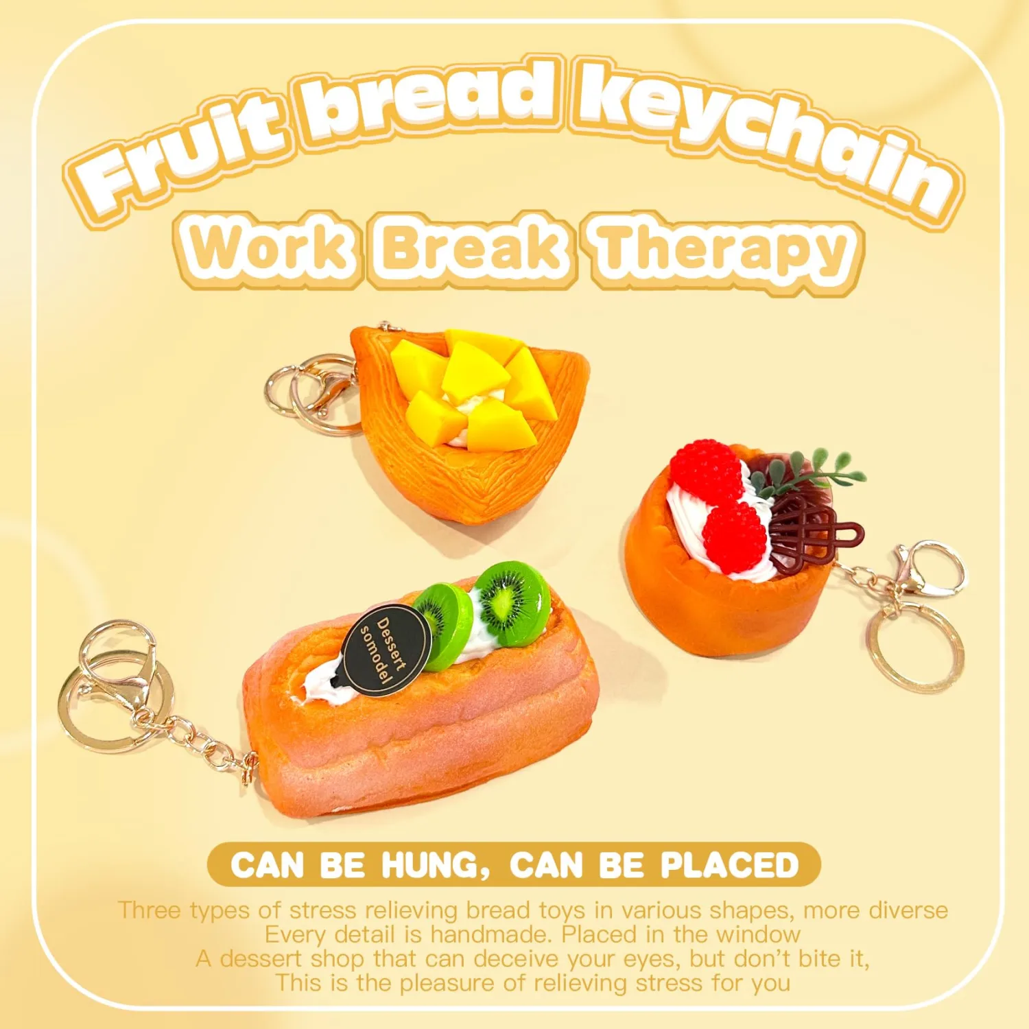 TINYEXPLORER Dessert Squishy Keychain, Slow Rising PU Foam Fake Food Stress Relief Fidget Toy, Backpack Bag Charm Pendant
