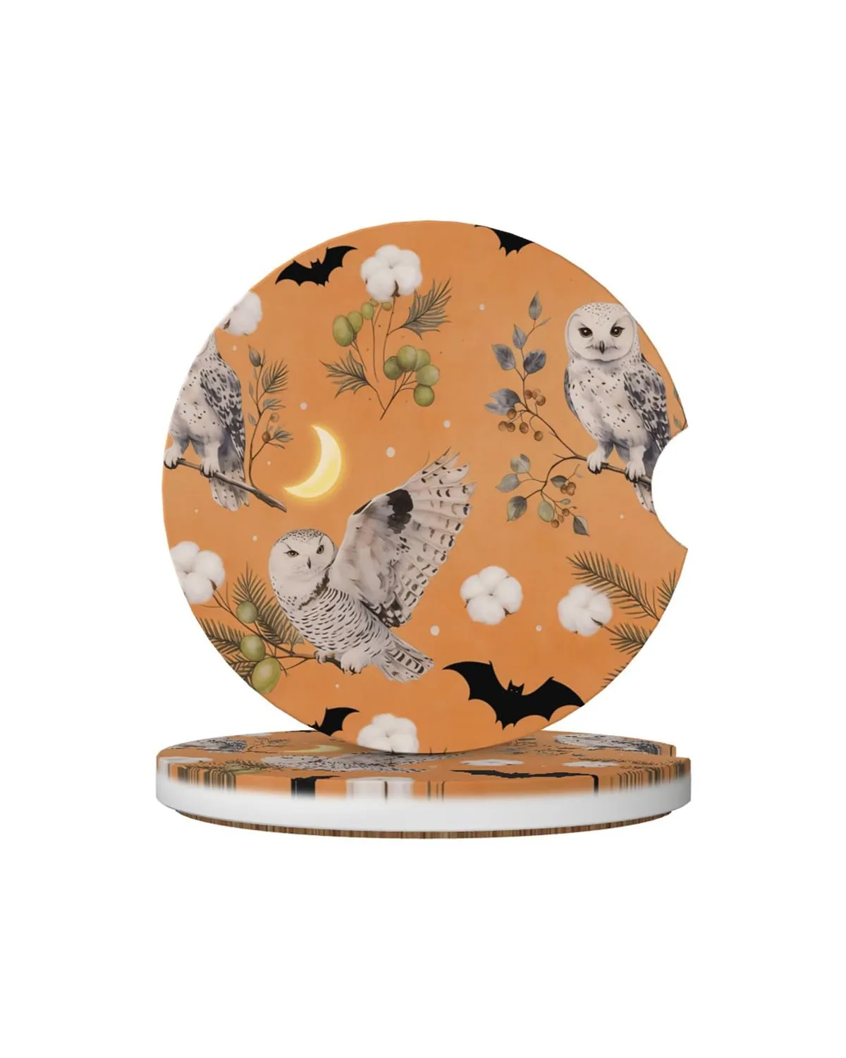 Car Cup Holder Coasters, 2 Pcs Ceramic Coasters with Cork Back and Finger Slot, Anti-Slip Shock Absorbing Men and Woman Universal Car Accessories - Owl Bat