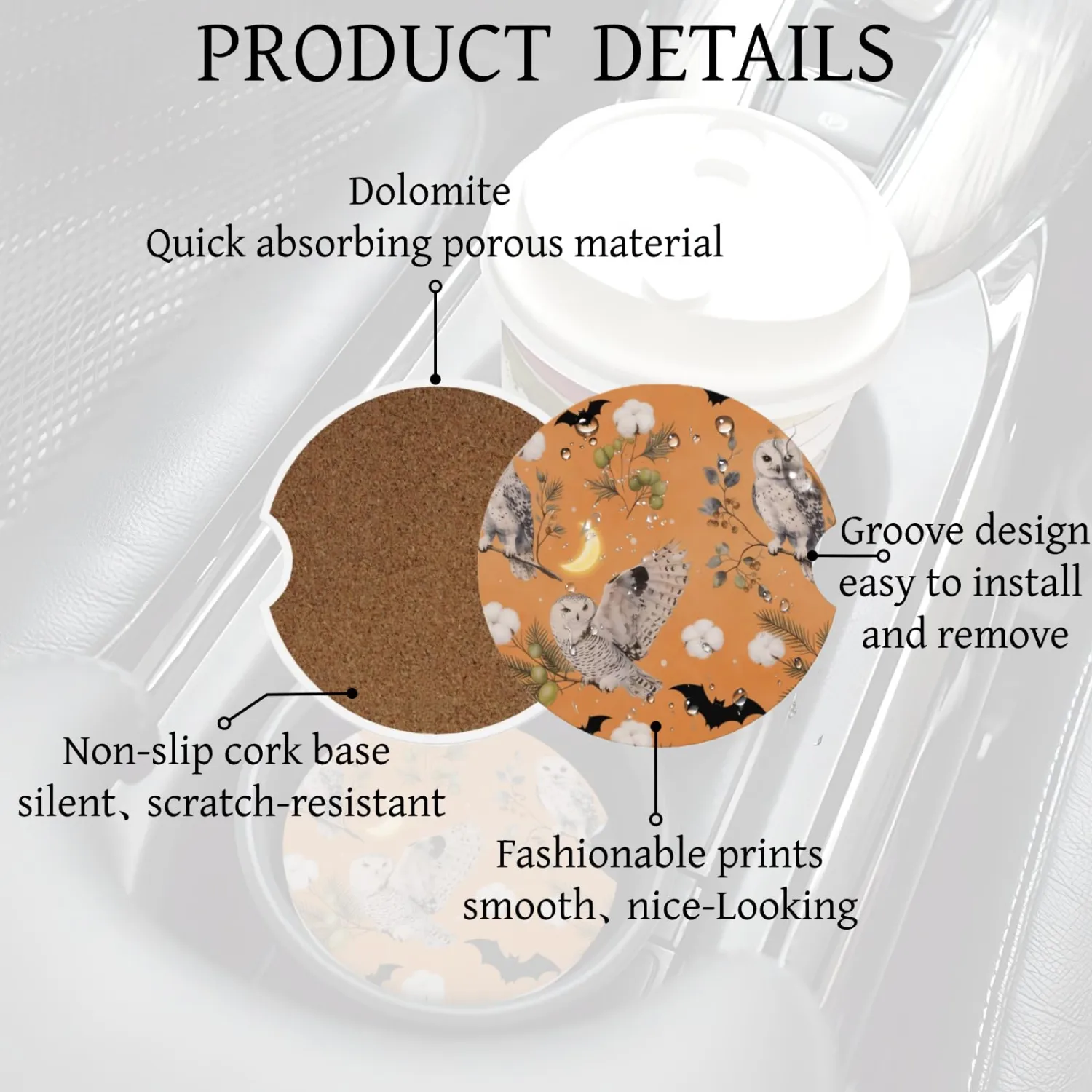 Car Cup Holder Coasters, 2 Pcs Ceramic Coasters with Cork Back and Finger Slot, Anti-Slip Shock Absorbing Men and Woman Universal Car Accessories - Owl Bat