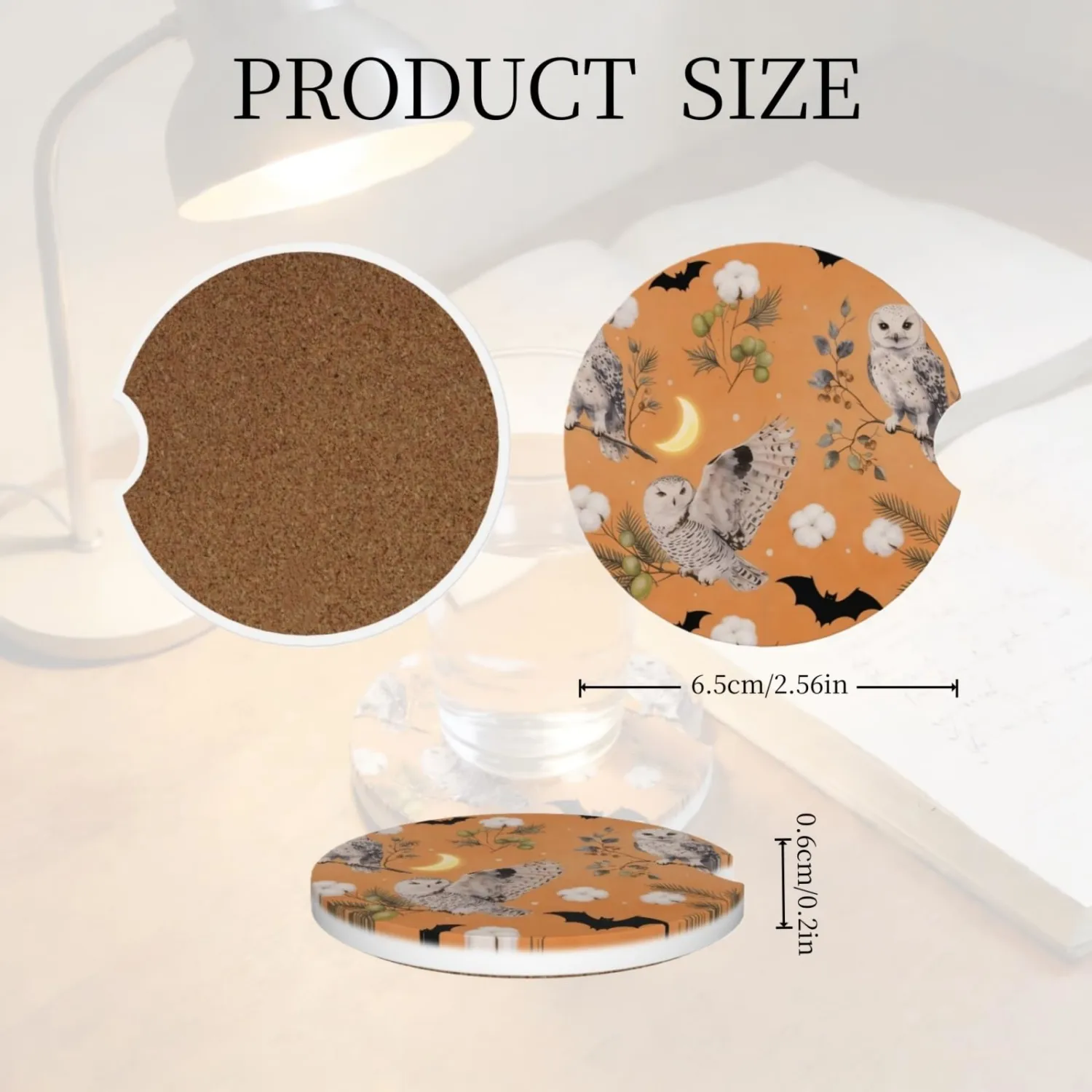 Car Cup Holder Coasters, 2 Pcs Ceramic Coasters with Cork Back and Finger Slot, Anti-Slip Shock Absorbing Men and Woman Universal Car Accessories - Owl Bat