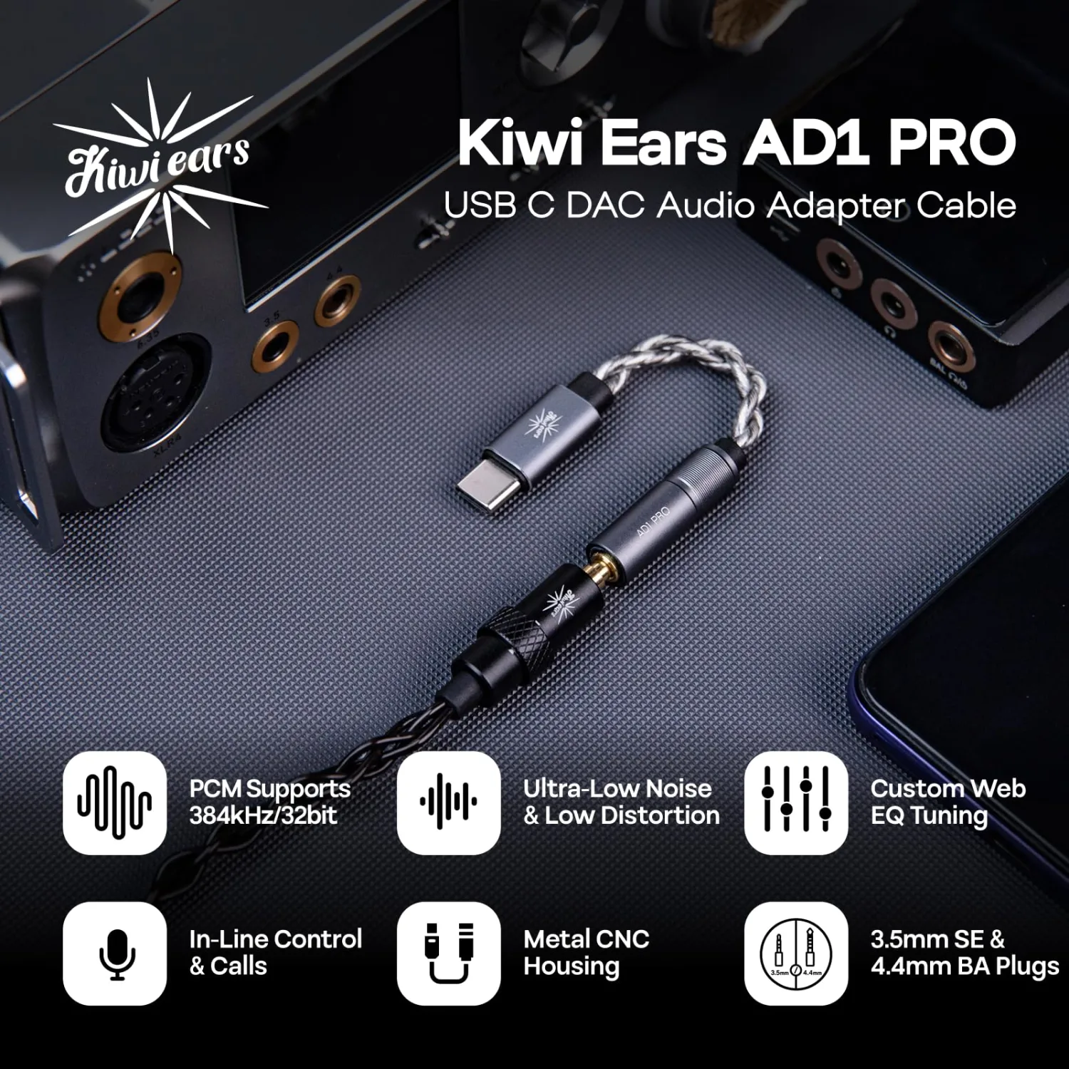 Linsoul Kiwi Ears AD1 Pro USB C DAC Adapter Cable, Custom DAC Chip, Official Web Customizable EQ Tuning, Ultra-Low Noise Portable IEM Amp for IEM Enthusiasts & Music Lovers (Type-C to 4.4mm)