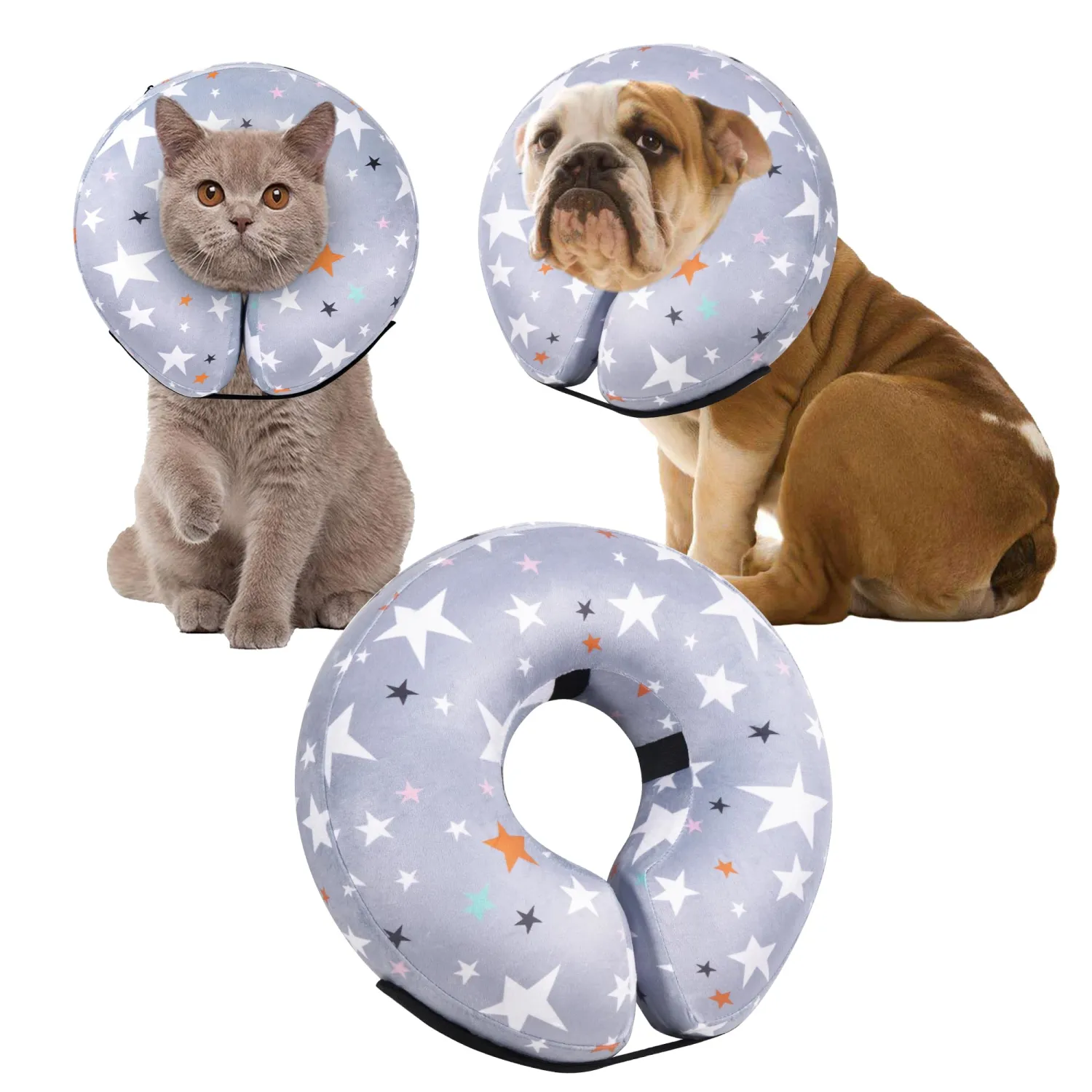 Recovery Donut Collar for Dogs & Cat,Inflatable Dog Cone Collar Alternative After Surgery,Soft Cone for Large Medium Small Dog,Adjustable Pet Neck Donut(Grey Star,Medium+
