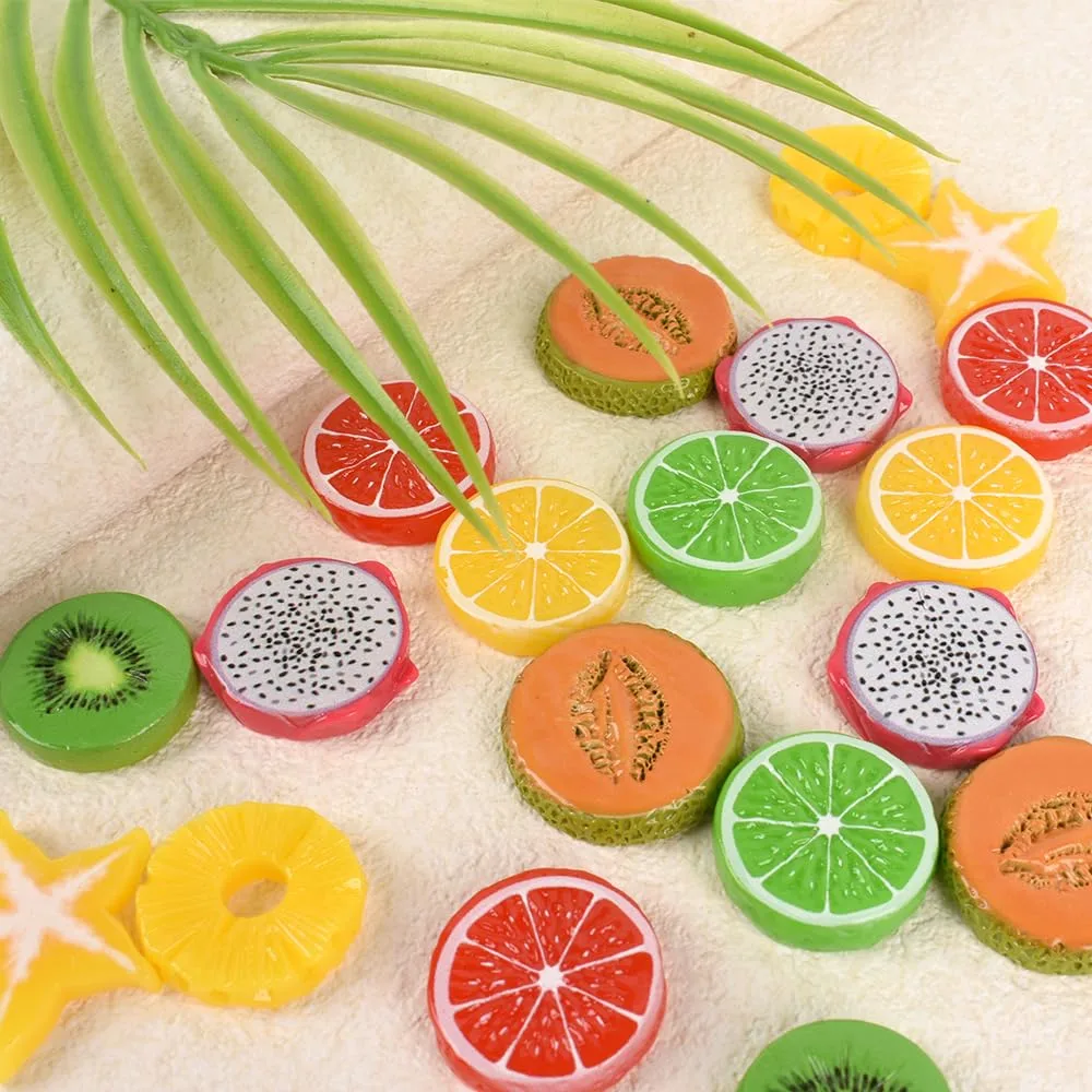 24Pcs Miniature Artificial Fruit Slices Fake Resin Fruit Models Lemon Kiwi Pineapple Dragon Fruit Slice Block Vase Filler Photography Props for Home Kitchen Decor