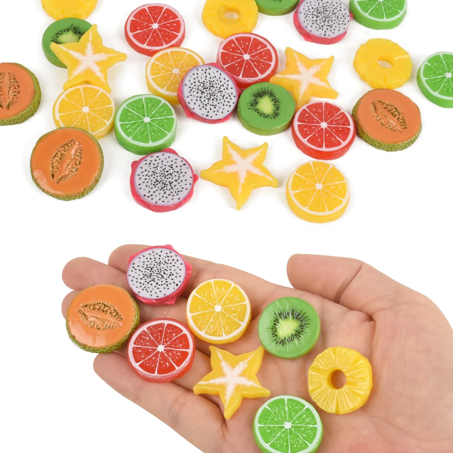 24Pcs Miniature Artificial Fruit Slices Fake Resin Fruit Models Lemon Kiwi Pineapple Dragon Fruit Slice Block Vase Filler Photography Props for Home Kitchen Decor