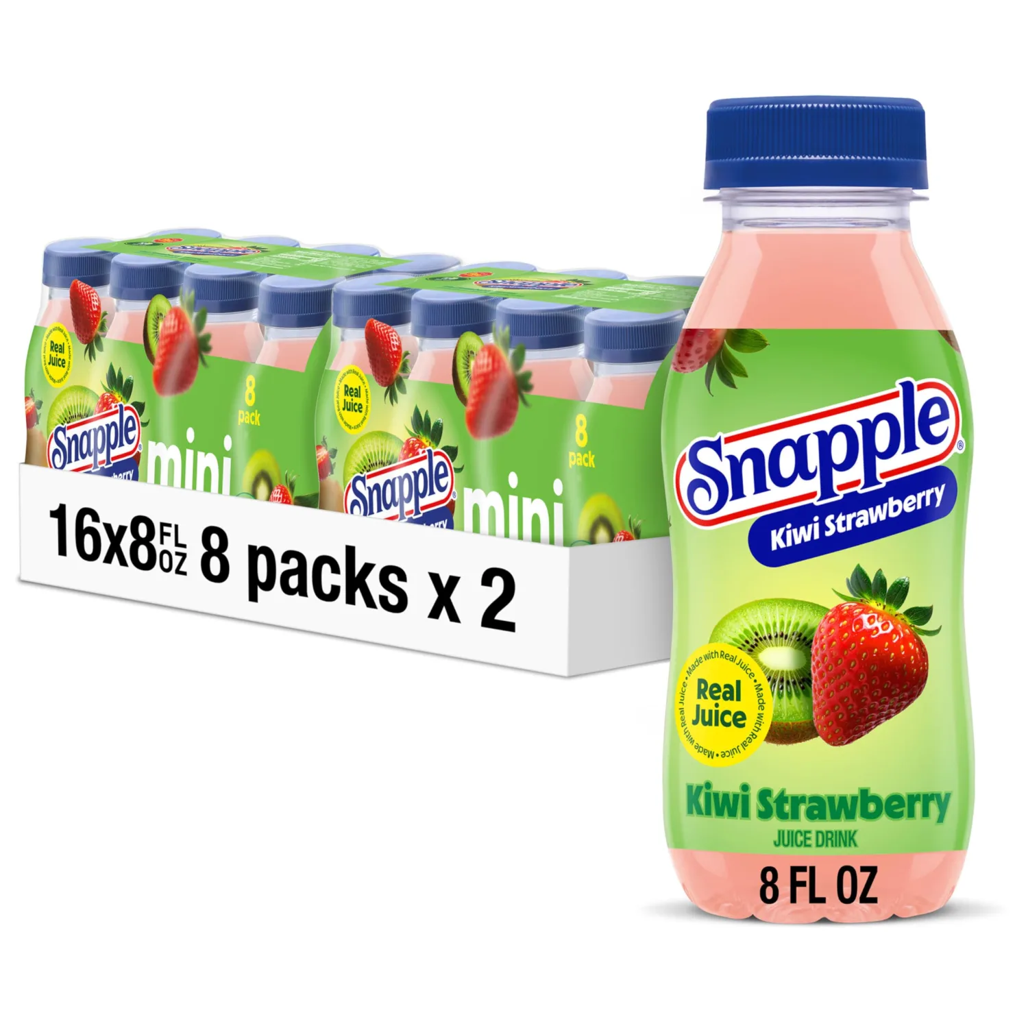 Snapple Kiwi Strawberry Juice Drink, 8 fl oz Mini Bottle, 16 pack (2 Packs of 8)