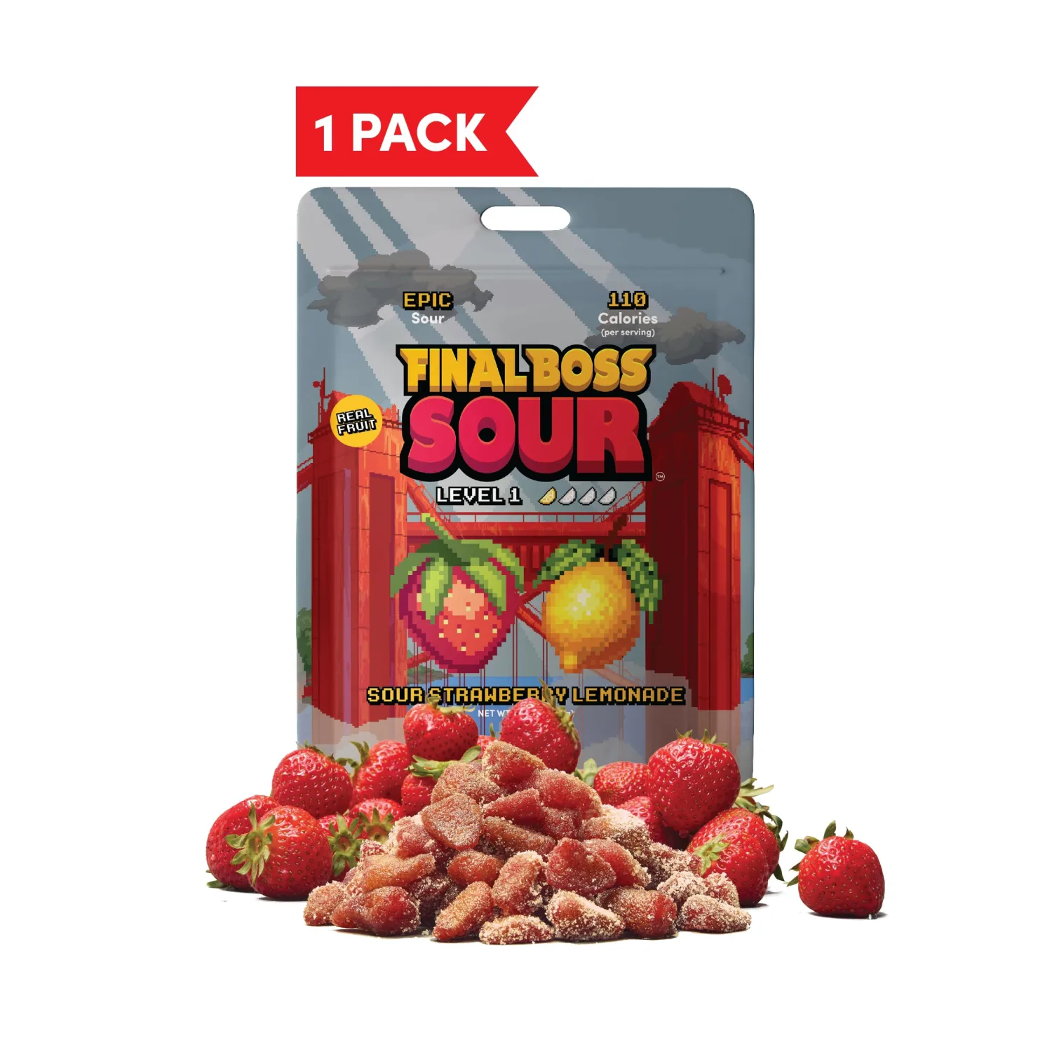 Final Boss Sour Candy | Level 1, Strawberry Lemonade, 1 Pack – Made with Real Dried Fruit, No Artificial Colors, No Artificial Fruit Flavors, Low Calorie Snack for Kids, Teens, Adults, Lunch Boxes