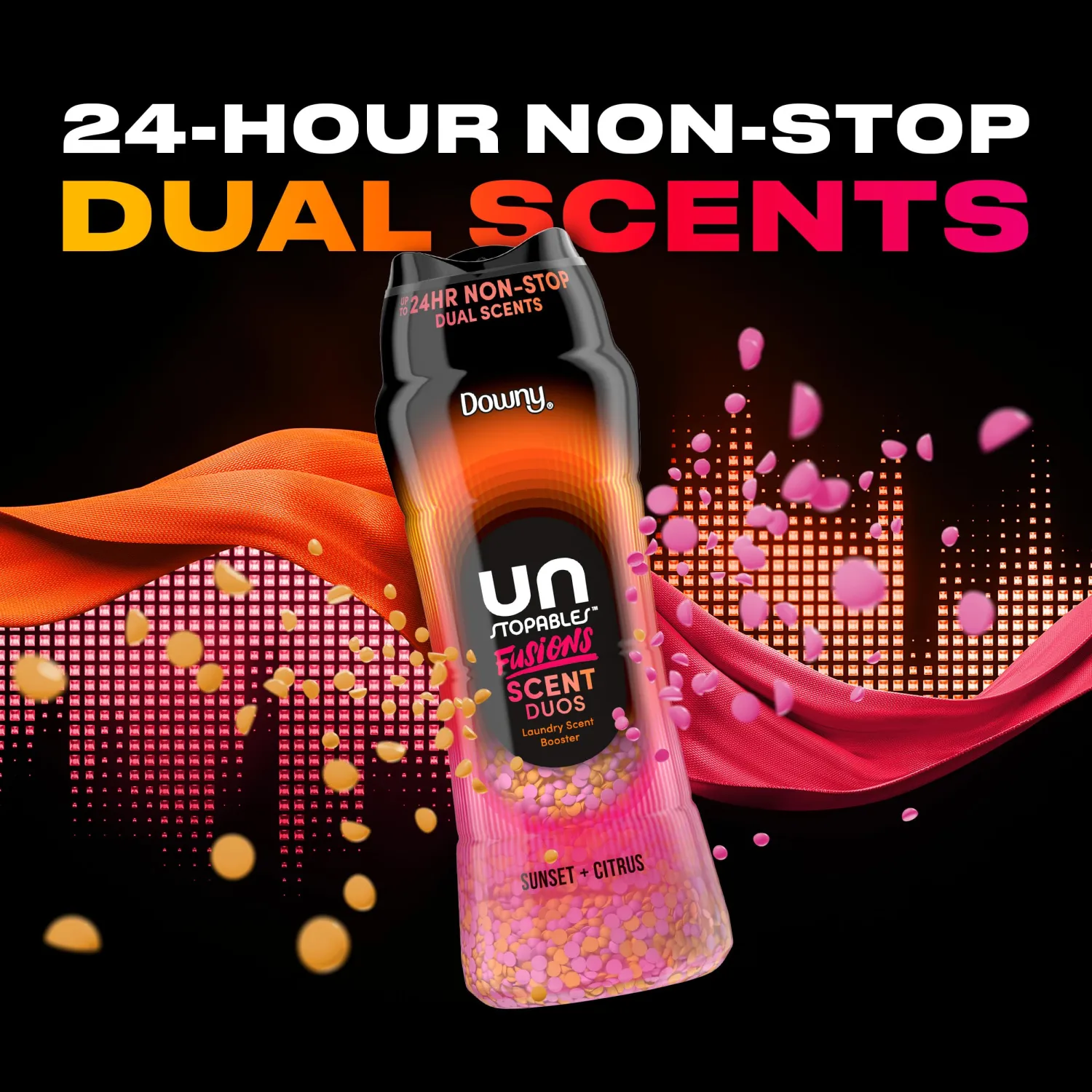 Downy Unstopables Fusions Scent Duos Laundry Scent Booster Beads, Sunset and Citrus Scent, 10.7 OZ, 24hr non-stop freshness with 2 in 1 dual scent laundry scent beads